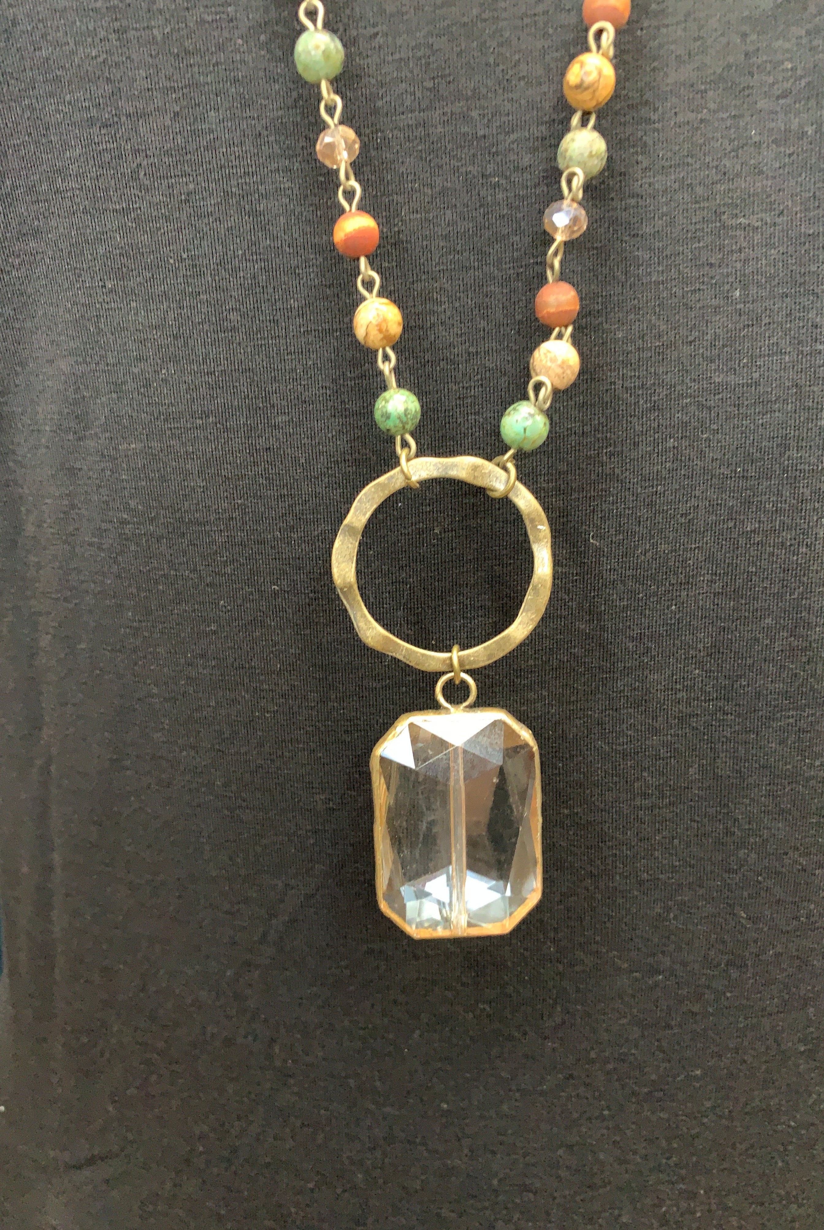 Lost And Found Chain And Colored Bead Long Necklace With Bronze Circle And Large Square Amber Crystal-Necklaces-Lost And Found-Deja Nu Boutique, Women's Fashion Boutique in Lampasas, Texas