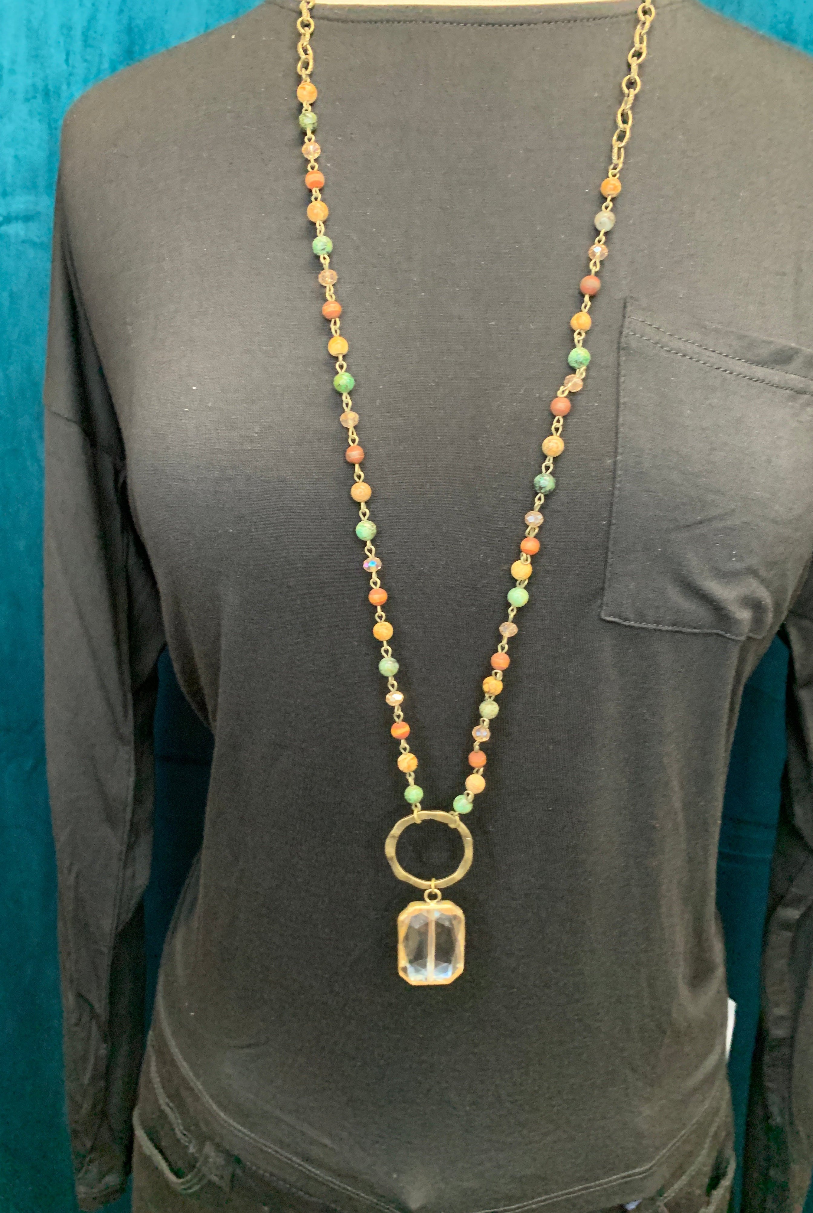 Lost And Found Chain And Colored Bead Long Necklace With Bronze Circle And Large Square Amber Crystal-Necklaces-Lost And Found-Deja Nu Boutique, Women's Fashion Boutique in Lampasas, Texas