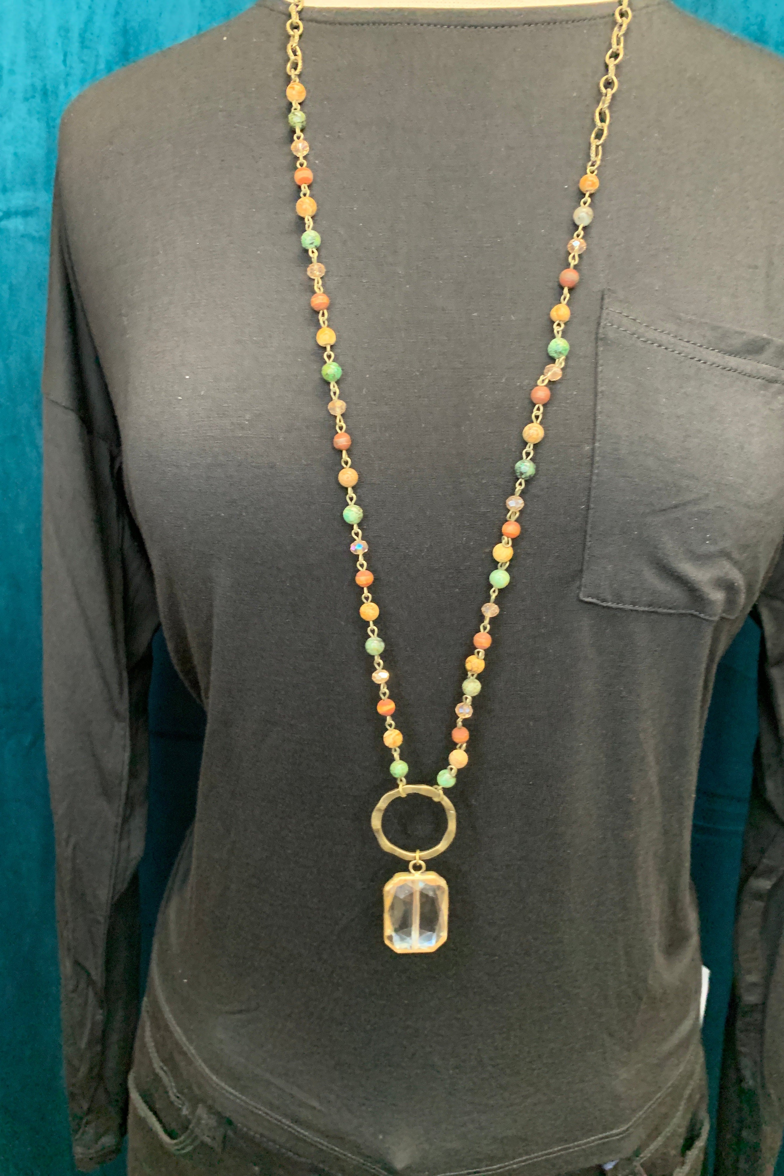 Lost And Found Chain And Colored Bead Long Necklace With Bronze Circle And Large Square Amber Crystal-Necklaces-Lost And Found-Deja Nu Boutique, Women's Fashion Boutique in Lampasas, Texas