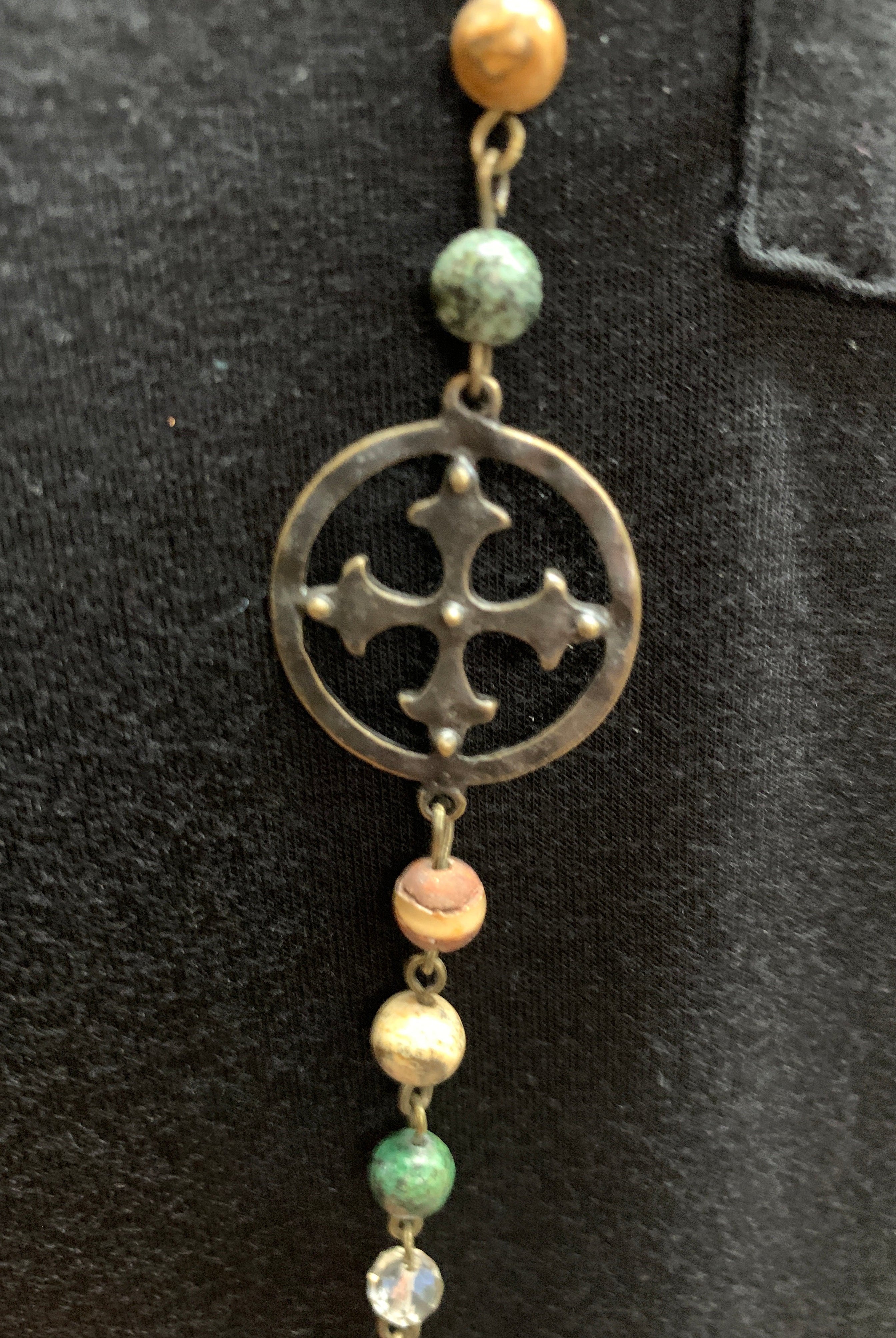 Lost And Found Chain And Colored Bead Long Necklace With Three Cross Metal Medallions-Necklaces-Lost And Found-Deja Nu Boutique, Women's Fashion Boutique in Lampasas, Texas