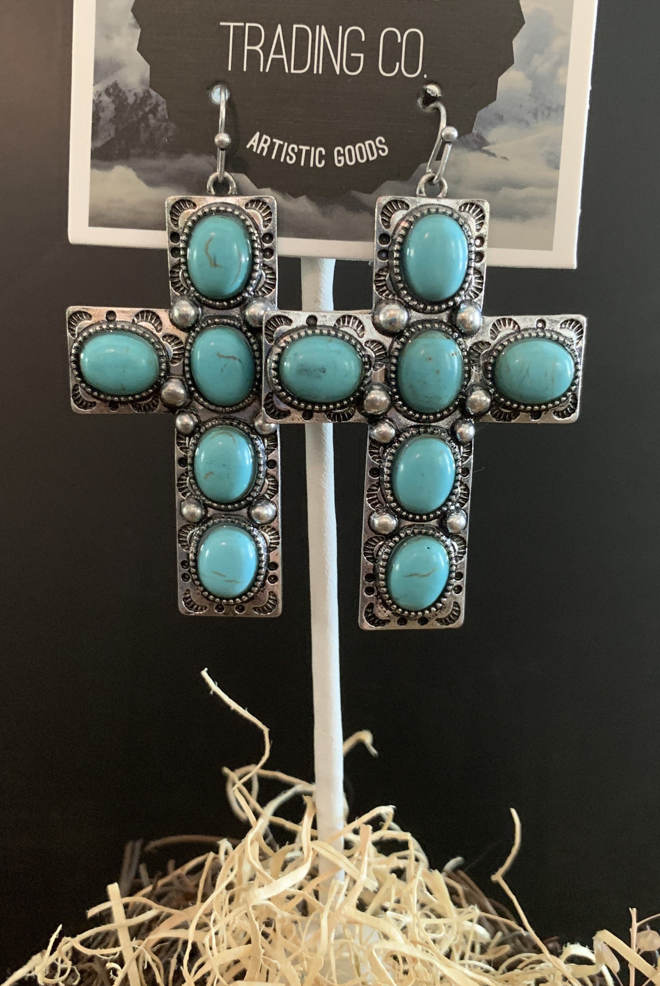 Lost And Found Large Silver And Turquoise Cross Earring-Earrings-Lost And Found-Deja Nu Boutique, Women's Fashion Boutique in Lampasas, Texas