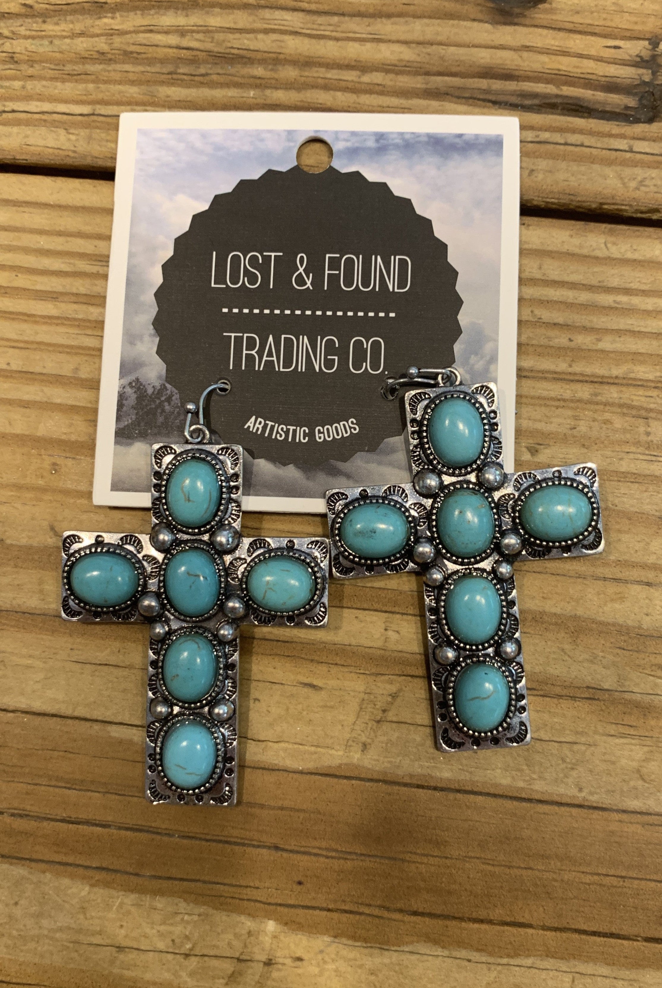 Lost And Found Large Silver And Turquoise Cross Earring-Earrings-Lost And Found-Deja Nu Boutique, Women's Fashion Boutique in Lampasas, Texas