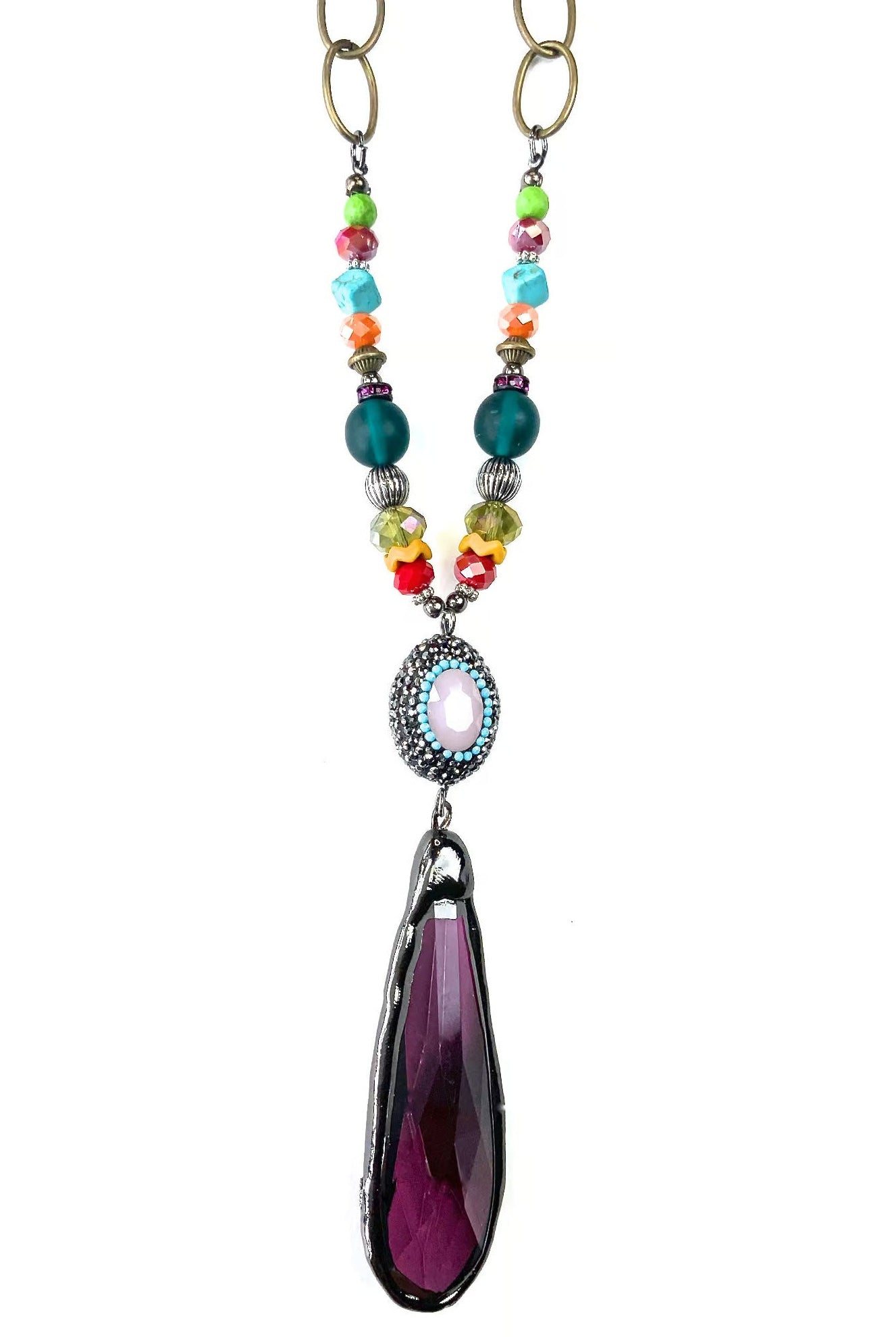 Lost And Found Love Shack Long Chain With Multi Colored Beads And Teardrop Pendant-Necklaces-Lost And Found-Deja Nu Boutique, Women's Fashion Boutique in Lampasas, Texas