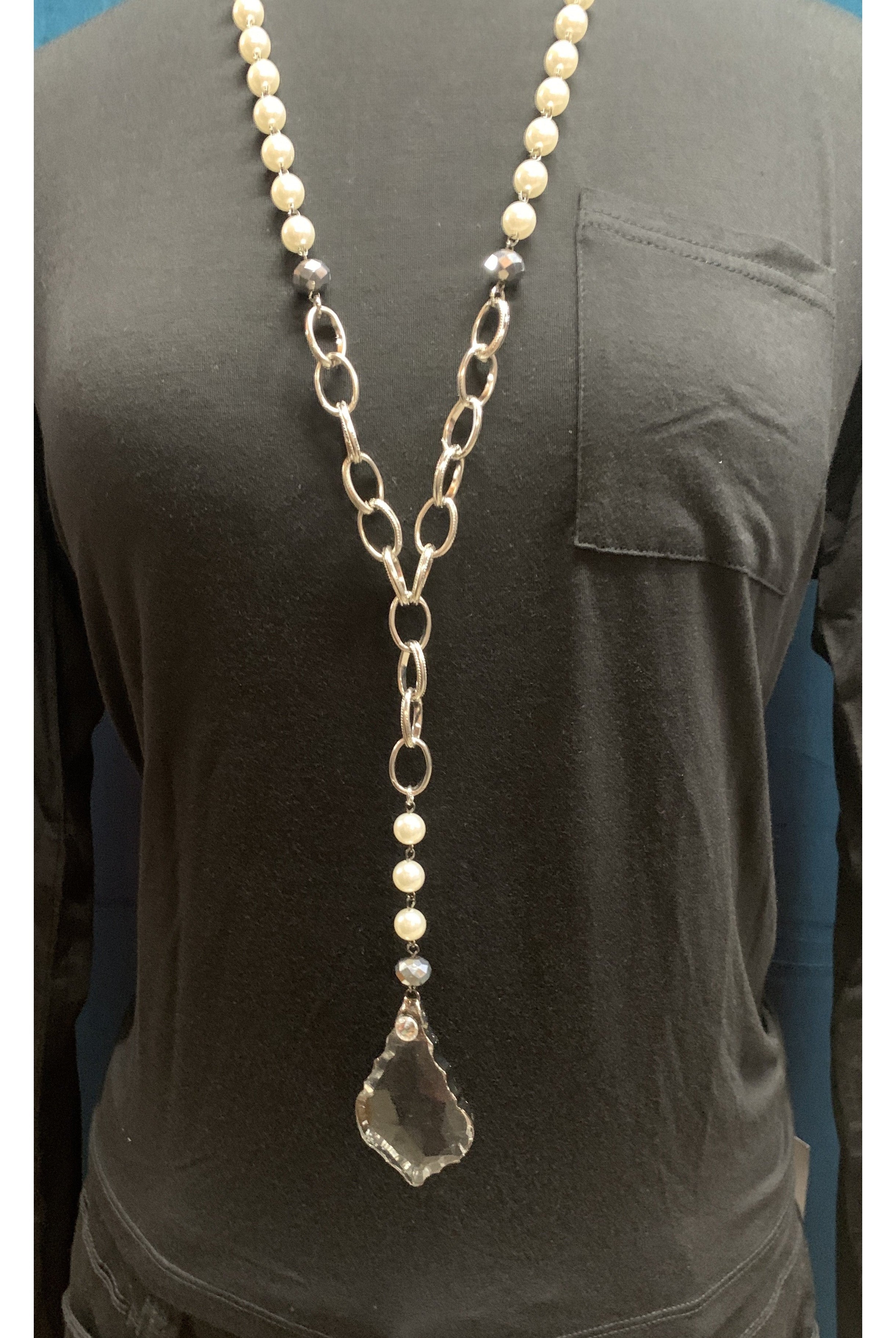 Lost And Found Rosaria Pearl And Chain With Fancy Edged Glass Pendant Necklace-Necklaces-Lost And Found-Deja Nu Boutique, Women's Fashion Boutique in Lampasas, Texas