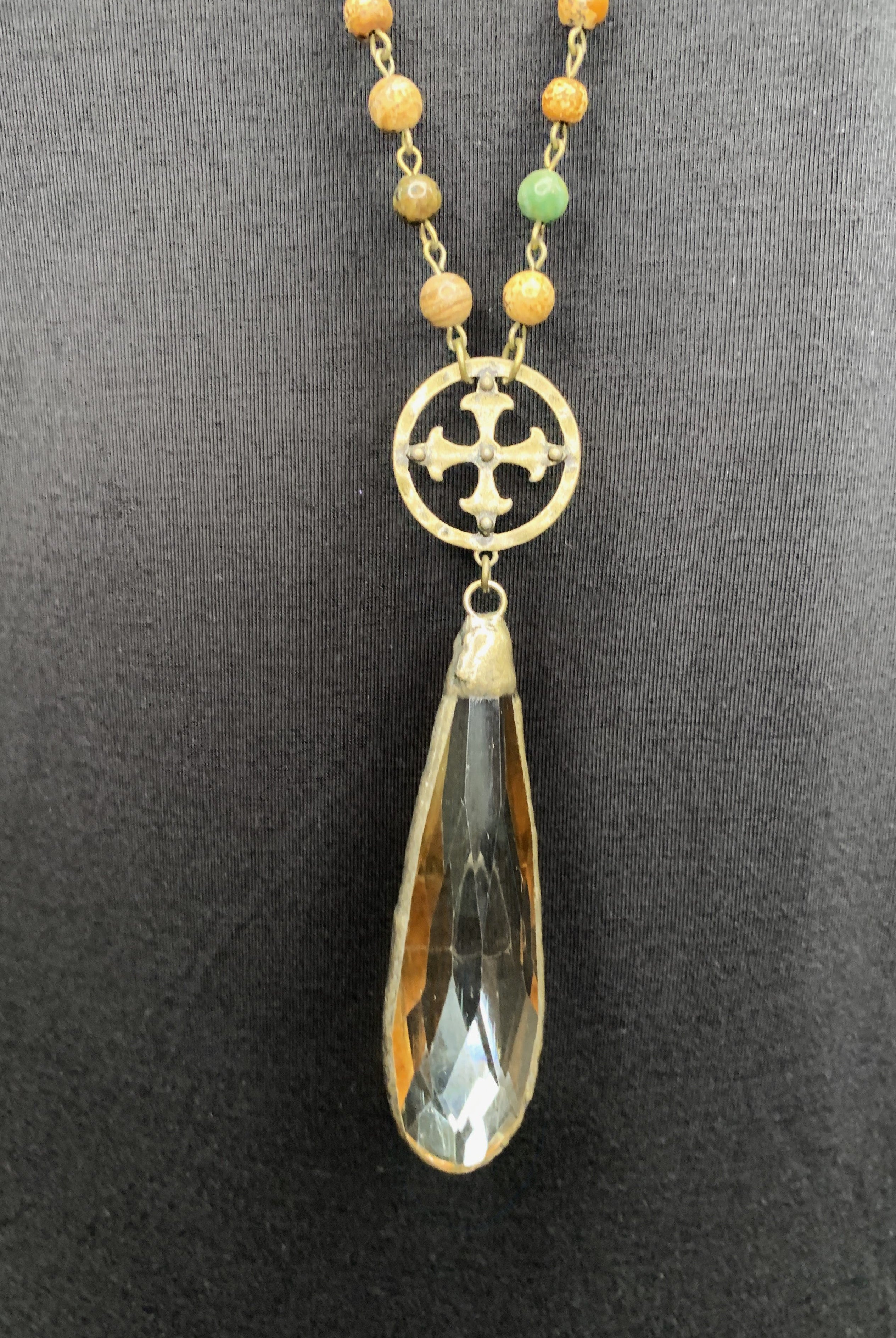Lost And Found Mixed Metal Long Necklace With Colored Beads Cross Medallion And Large Amber Crystal Drop Dangle-Necklaces-Lost And Found-Deja Nu Boutique, Women's Fashion Boutique in Lampasas, Texas