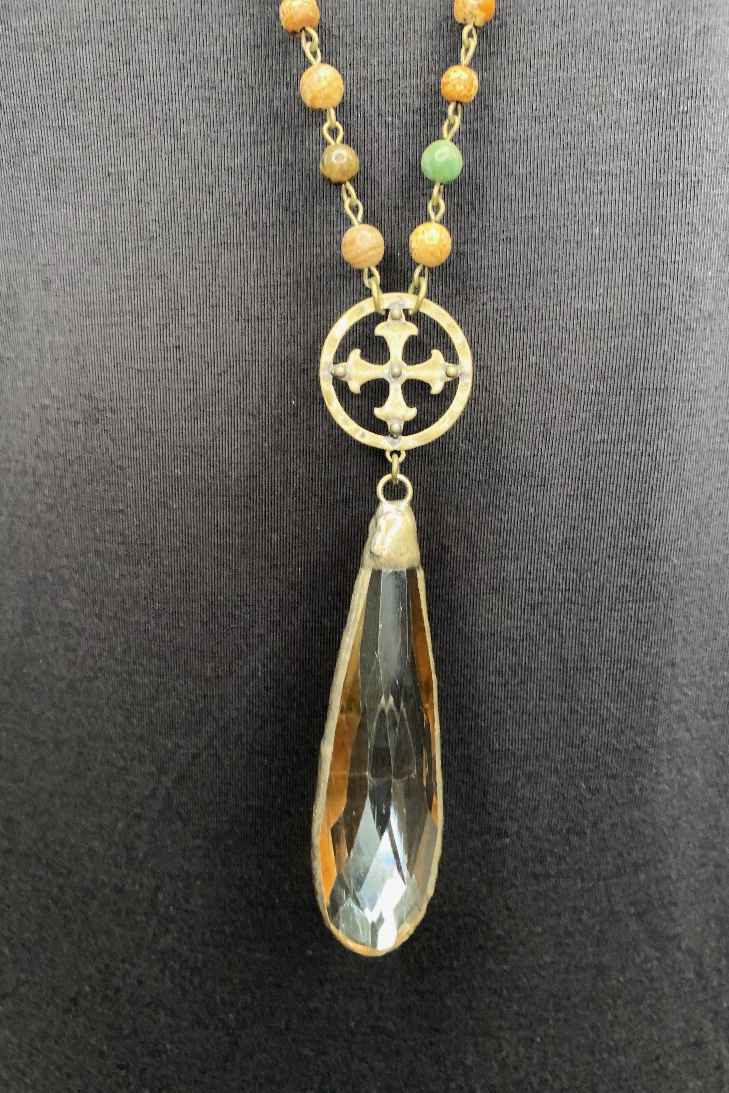 Lost And Found Mixed Metal Long Necklace With Colored Beads Cross Medallion And Large Amber Crystal Drop Dangle-Necklaces-Lost And Found-Deja Nu Boutique, Women's Fashion Boutique in Lampasas, Texas
