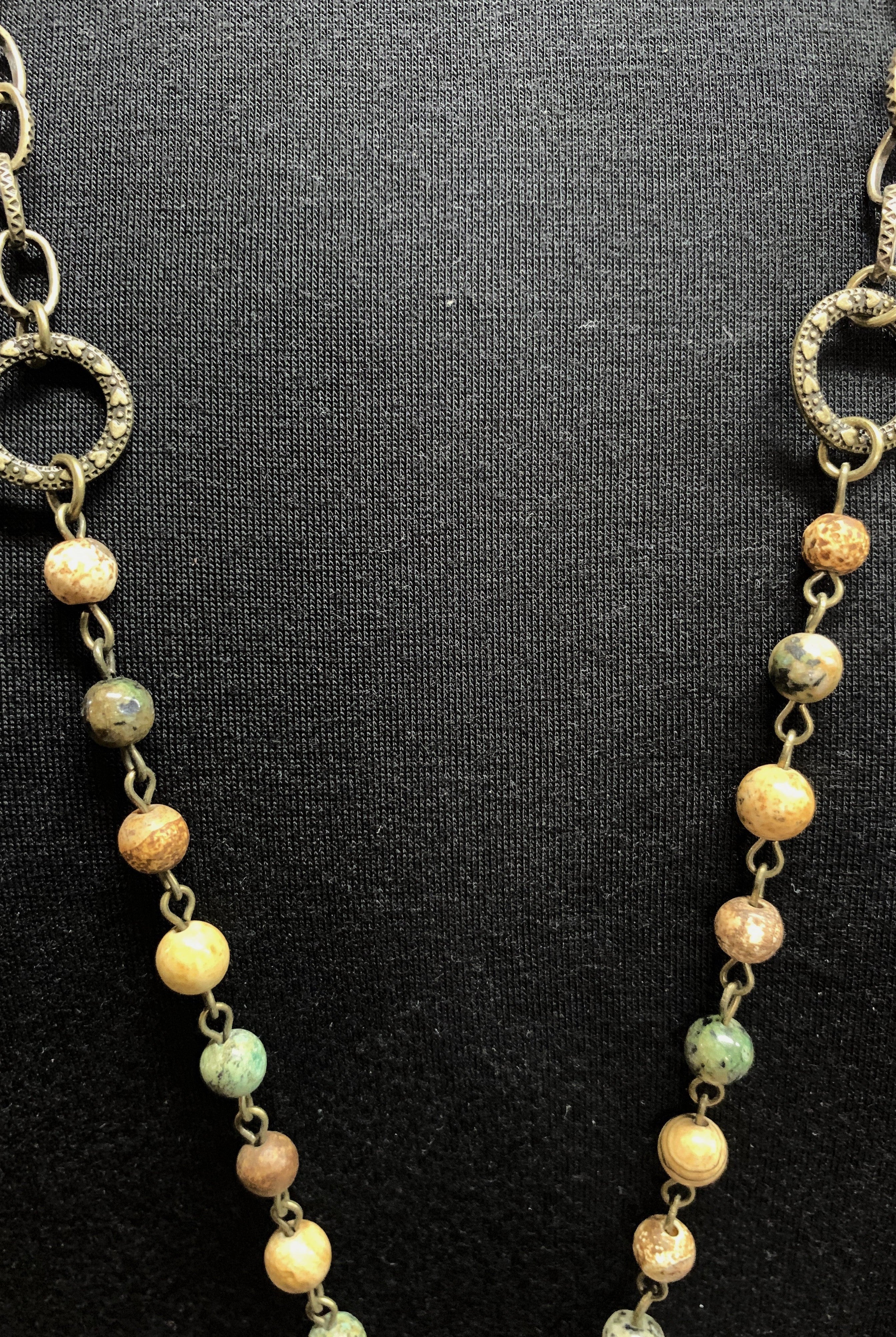 Lost And Found Mixed Metal Long Necklace With Colored Beads Cross Medallion And Large Amber Crystal Drop Dangle-Necklaces-Lost And Found-Deja Nu Boutique, Women's Fashion Boutique in Lampasas, Texas