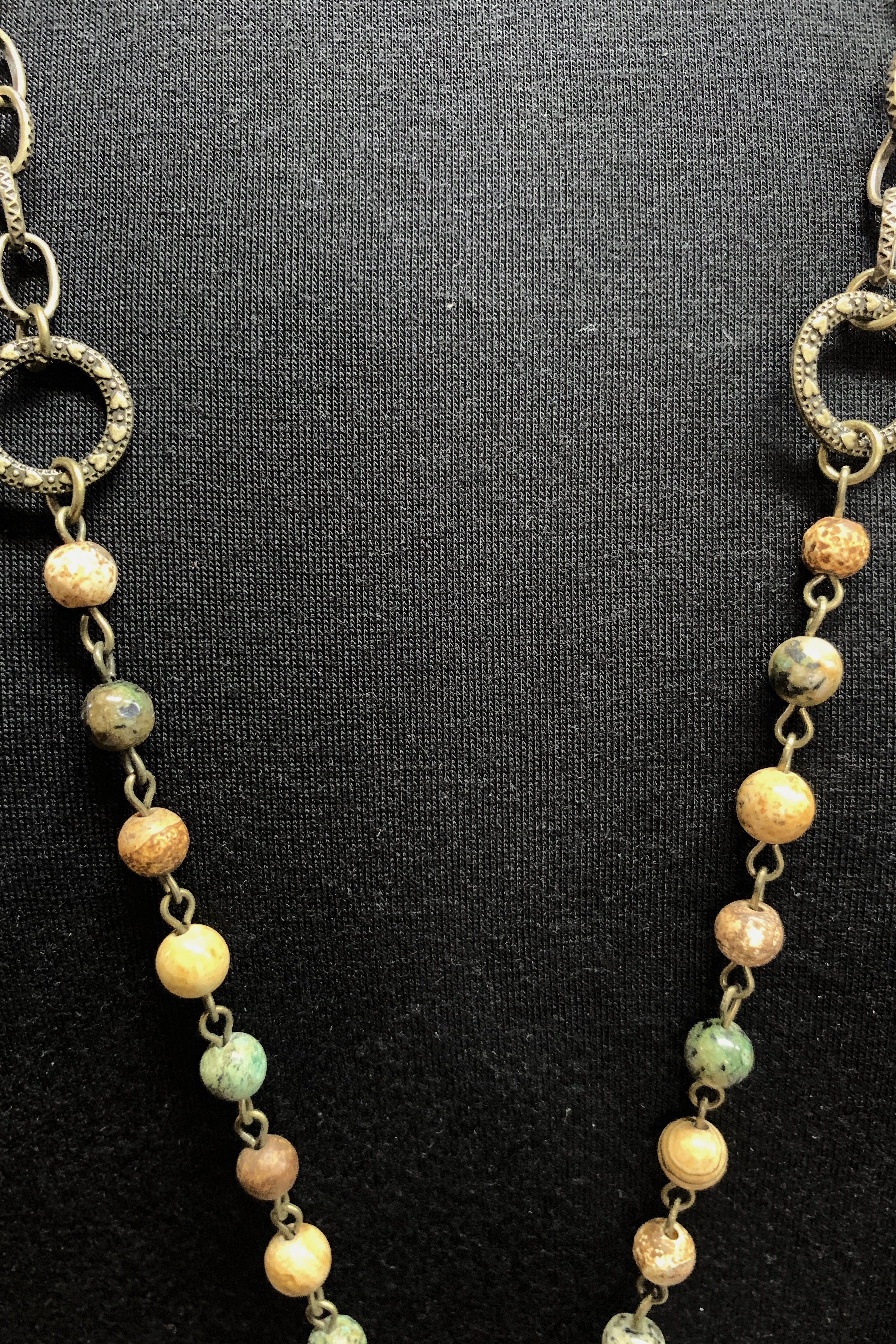 Lost And Found Mixed Metal Long Necklace With Colored Beads Cross Medallion And Large Amber Crystal Drop Dangle-Necklaces-Lost And Found-Deja Nu Boutique, Women's Fashion Boutique in Lampasas, Texas
