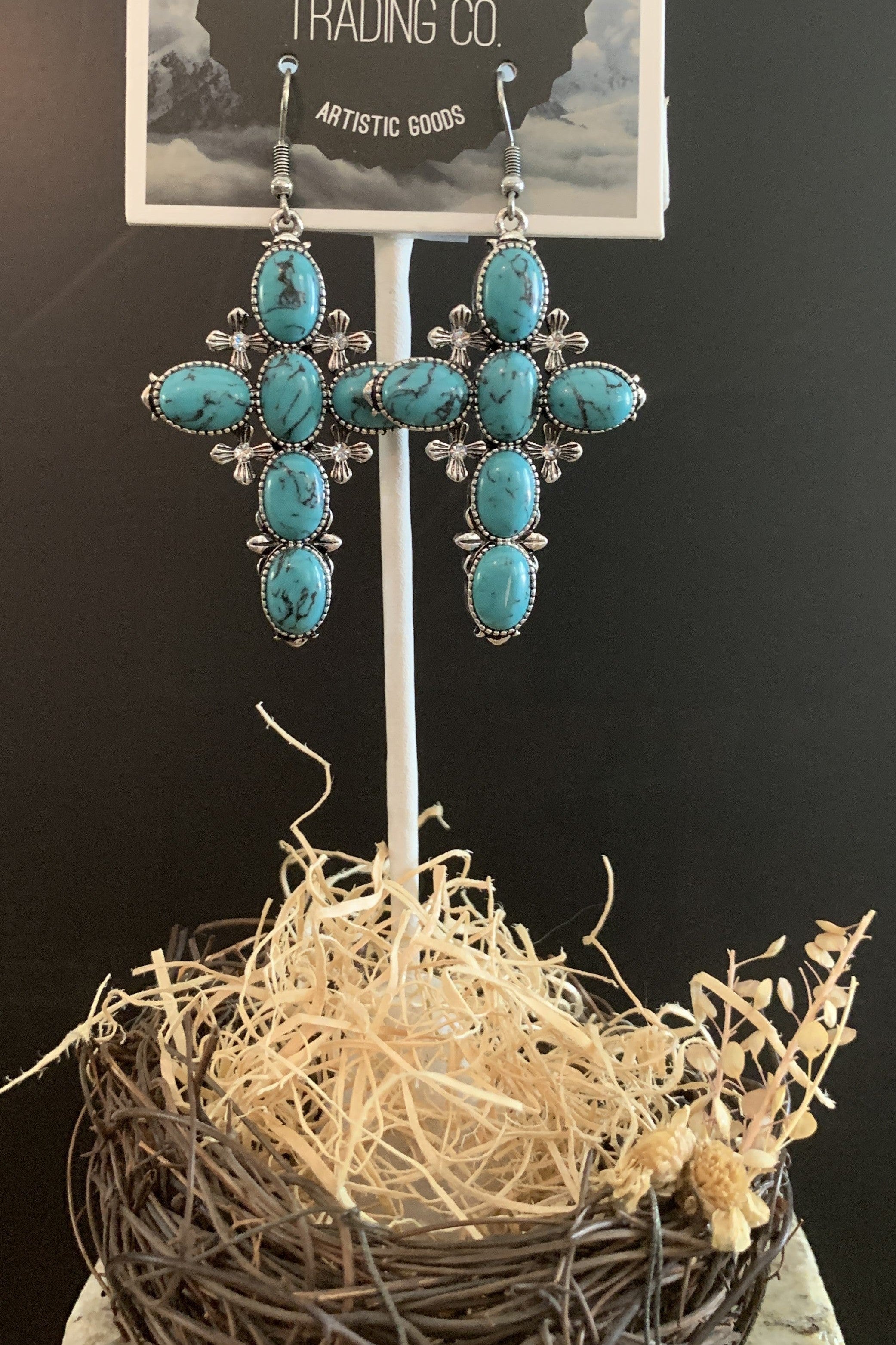Lost And Found Silver Turquoise Cross Earring With Rhinestones-Earrings-Lost And Found-Deja Nu Boutique, Women's Fashion Boutique in Lampasas, Texas