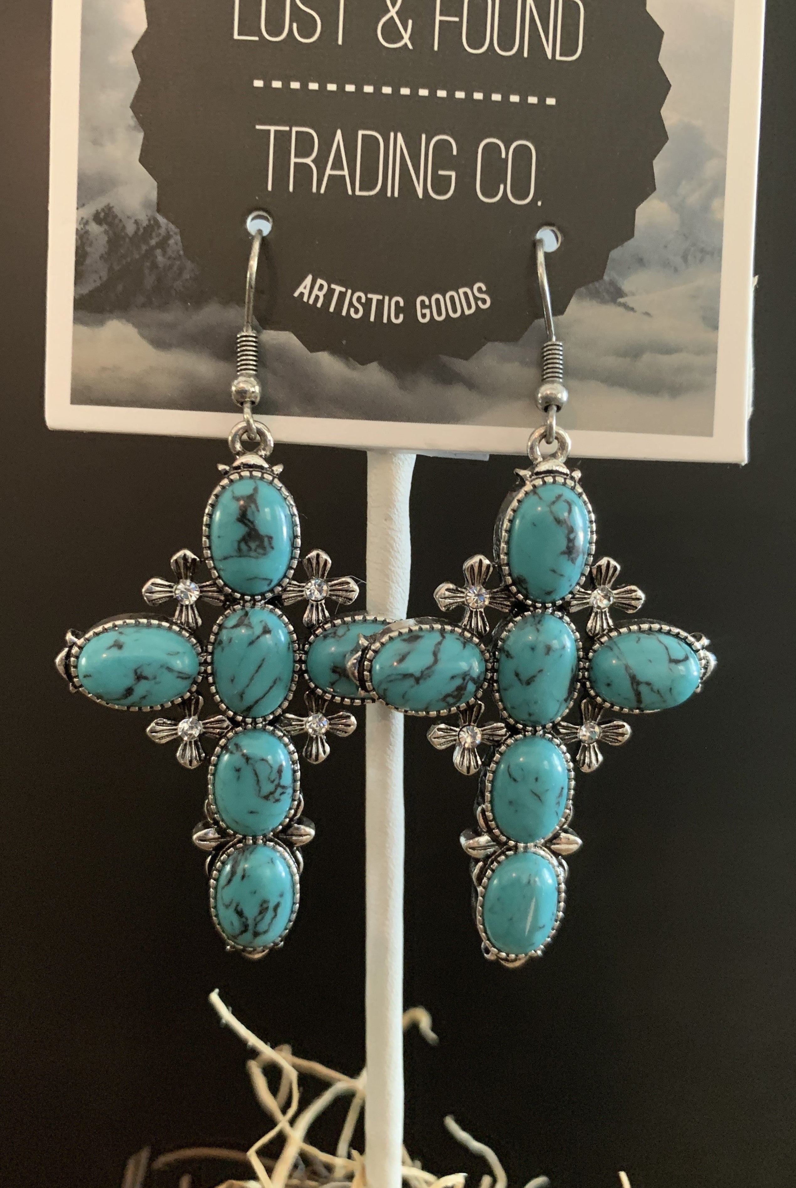 Lost And Found Silver Turquoise Cross Earring With Rhinestones-Earrings-Lost And Found-Deja Nu Boutique, Women's Fashion Boutique in Lampasas, Texas