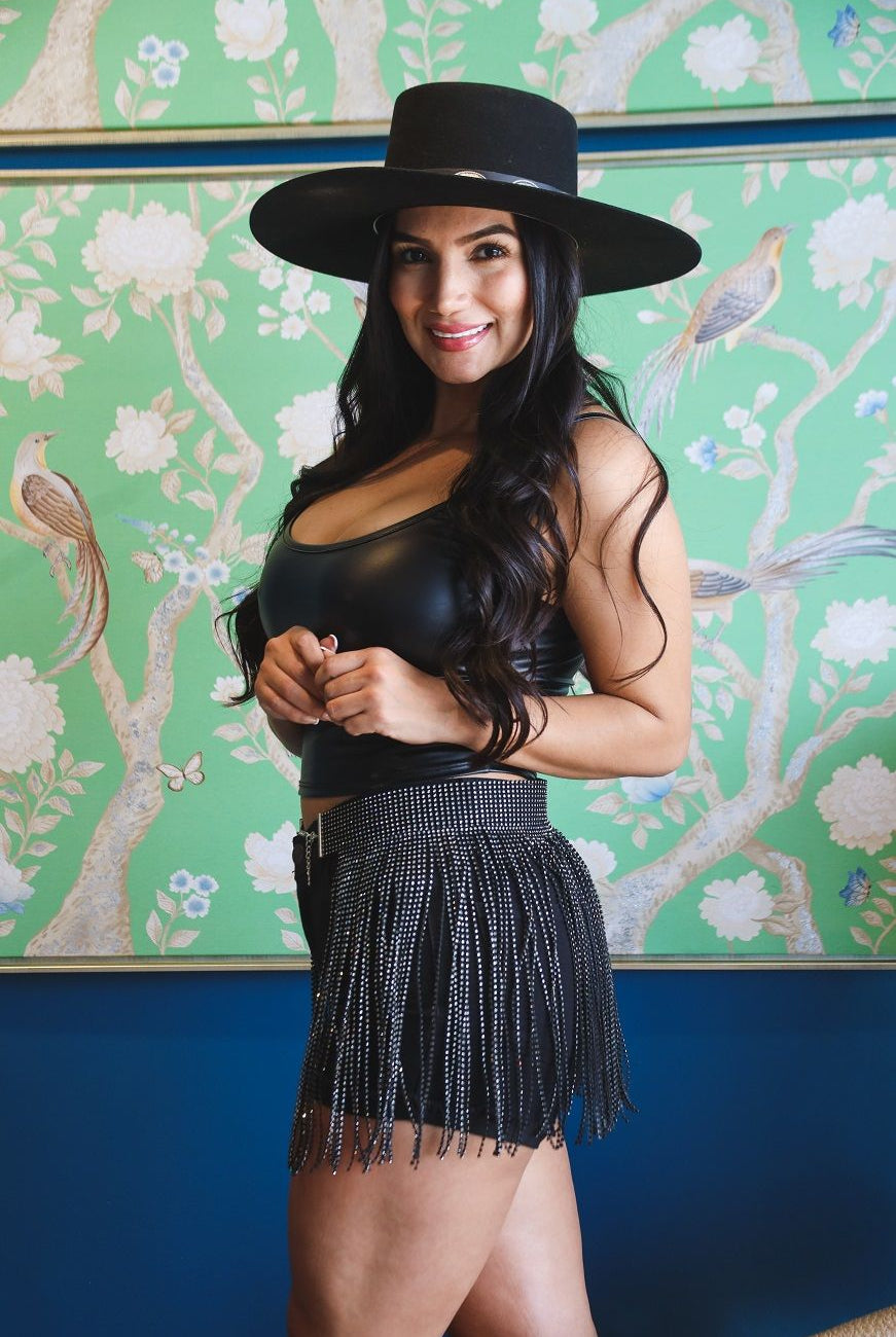 Lucky And Blessed Black Rhinestone Fringed Belt-Belts-L And B-Deja Nu Boutique, Women's Fashion Boutique in Lampasas, Texas
