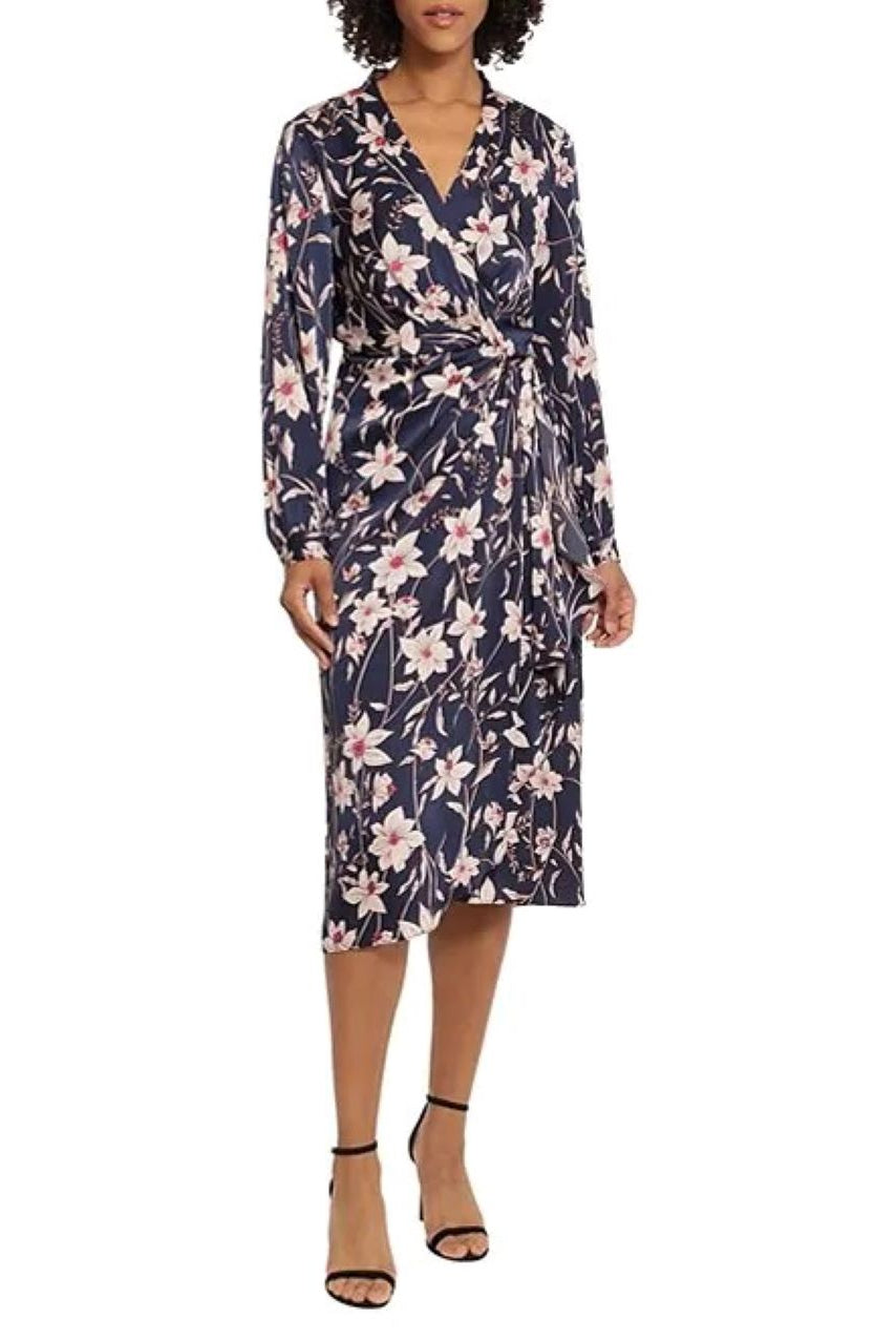 Maggy London Navy Floral Long Sleeve Wrap Midi Dress-Midi Dresses-Maggy London-Deja Nu Boutique, Women's Fashion Boutique in Lampasas, Texas