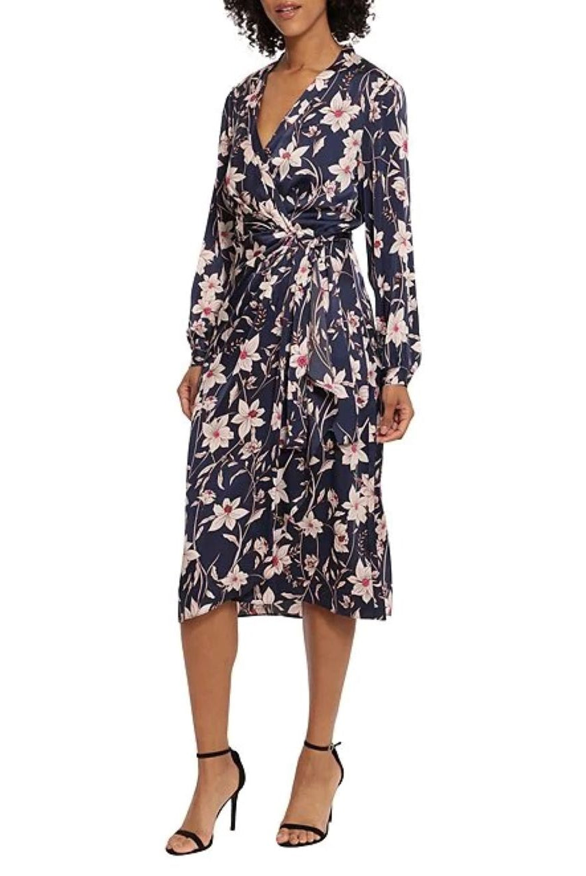 Maggy London Navy Floral Long Sleeve Wrap Midi Dress-Midi Dresses-Maggy London-Deja Nu Boutique, Women's Fashion Boutique in Lampasas, Texas