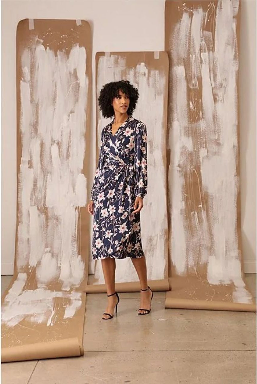 Maggy London Navy Floral Long Sleeve Wrap Midi Dress-Midi Dresses-Maggy London-Deja Nu Boutique, Women's Fashion Boutique in Lampasas, Texas