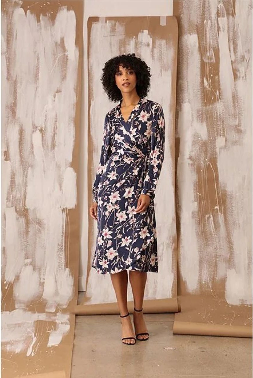 Maggy London Navy Floral Long Sleeve Wrap Midi Dress-Midi Dresses-Maggy London-Deja Nu Boutique, Women's Fashion Boutique in Lampasas, Texas