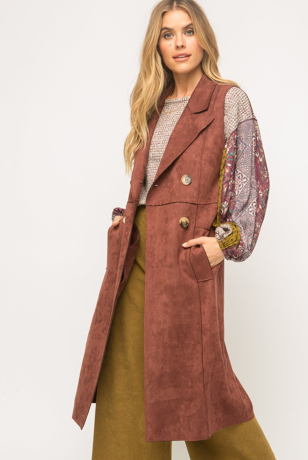 Mystree Faux Suede Long Double Breasted Vest-Vest-Mystree-Deja Nu Boutique, Women's Fashion Boutique in Lampasas, Texas