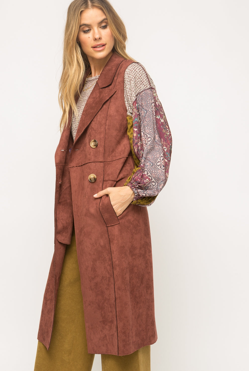 Mystree Faux Suede Long Double Breasted Vest-Vest-Mystree-Deja Nu Boutique, Women's Fashion Boutique in Lampasas, Texas