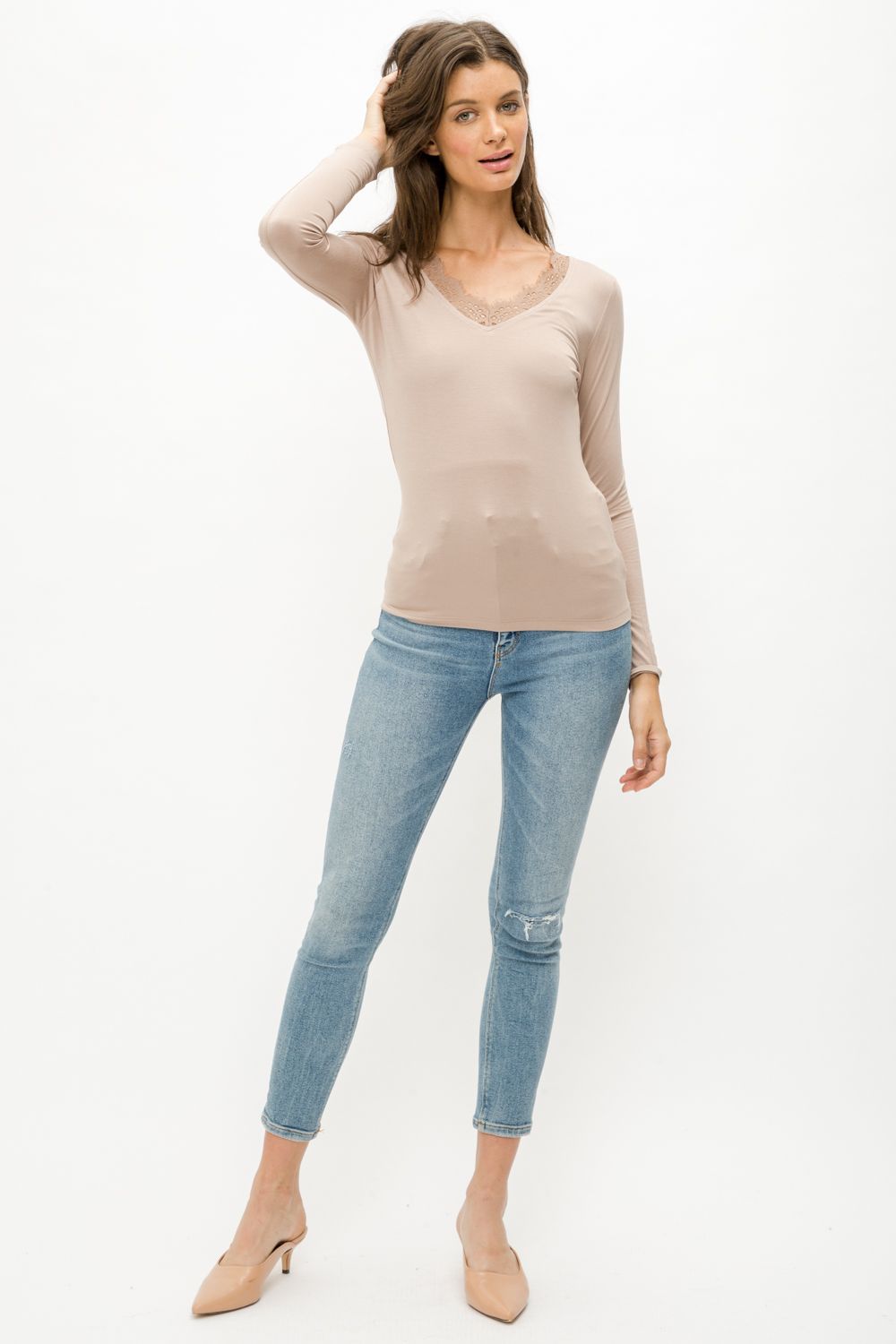 Mystree Lace V Neck Modal Top In Dusty Pink-Tops-Mystree-Deja Nu Boutique, Women's Fashion Boutique in Lampasas, Texas