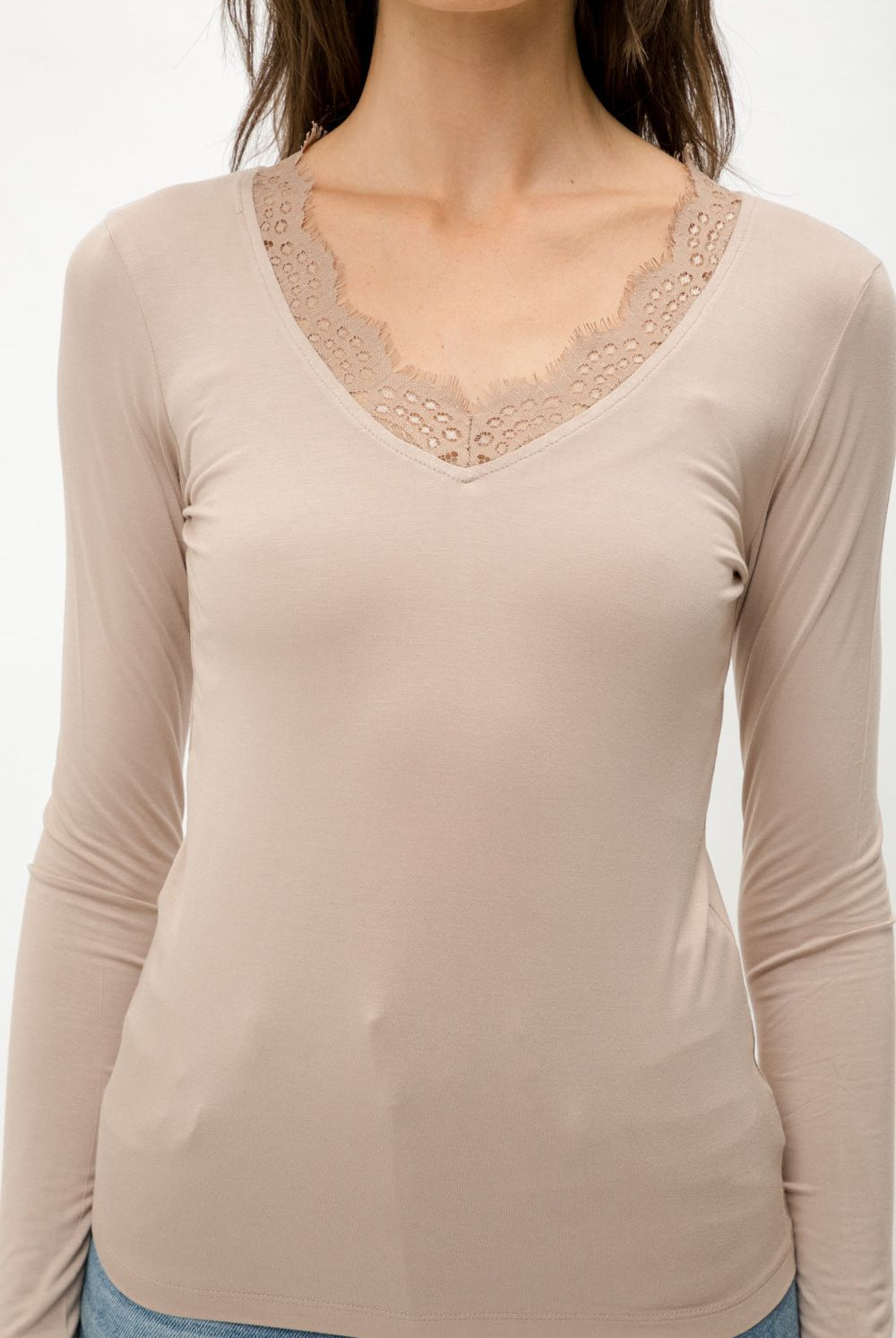 Mystree Lace V Neck Modal Top In Dusty Pink-Tops-Mystree-Deja Nu Boutique, Women's Fashion Boutique in Lampasas, Texas