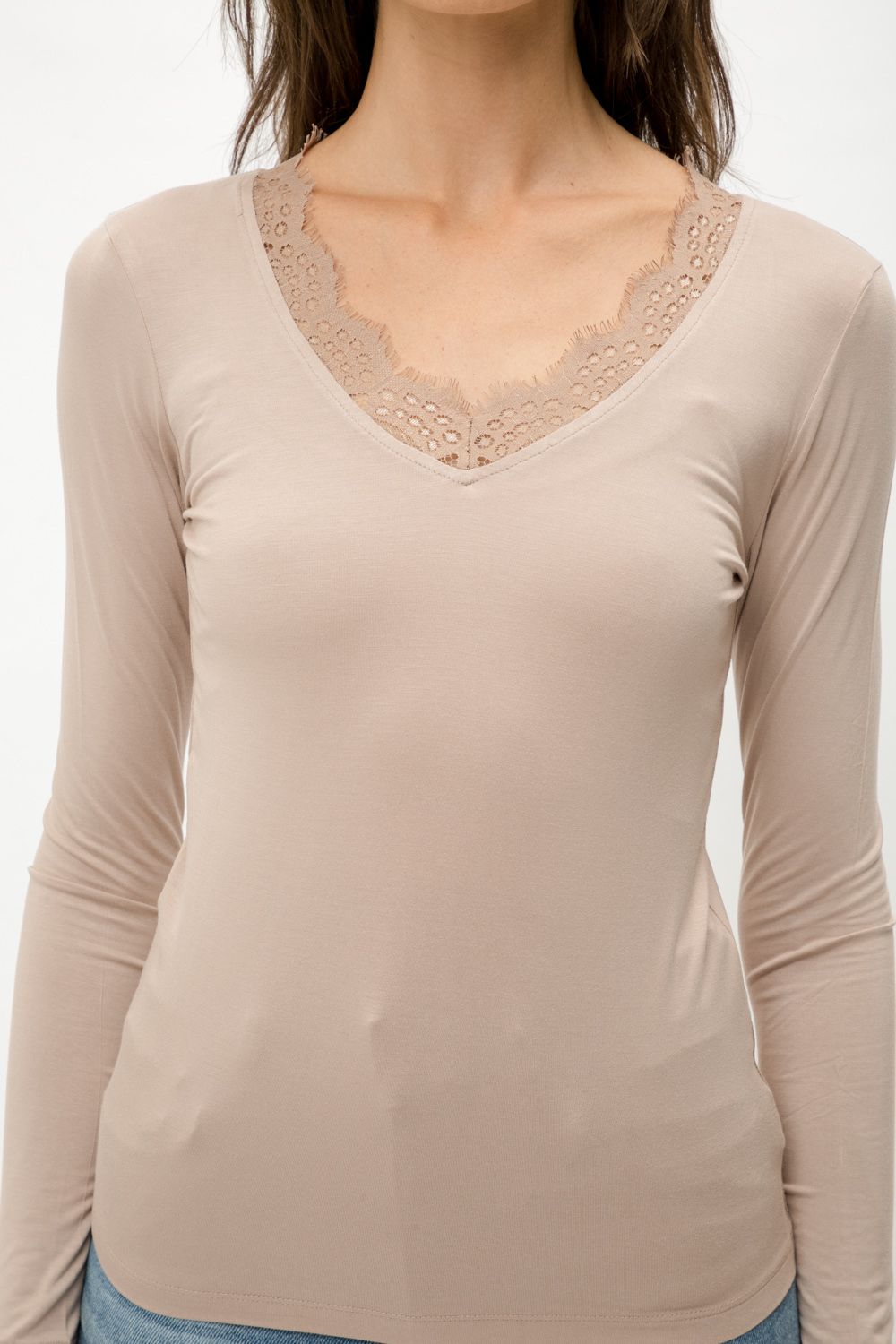Mystree Lace V Neck Modal Top In Dusty Pink-Tops-Mystree-Deja Nu Boutique, Women's Fashion Boutique in Lampasas, Texas