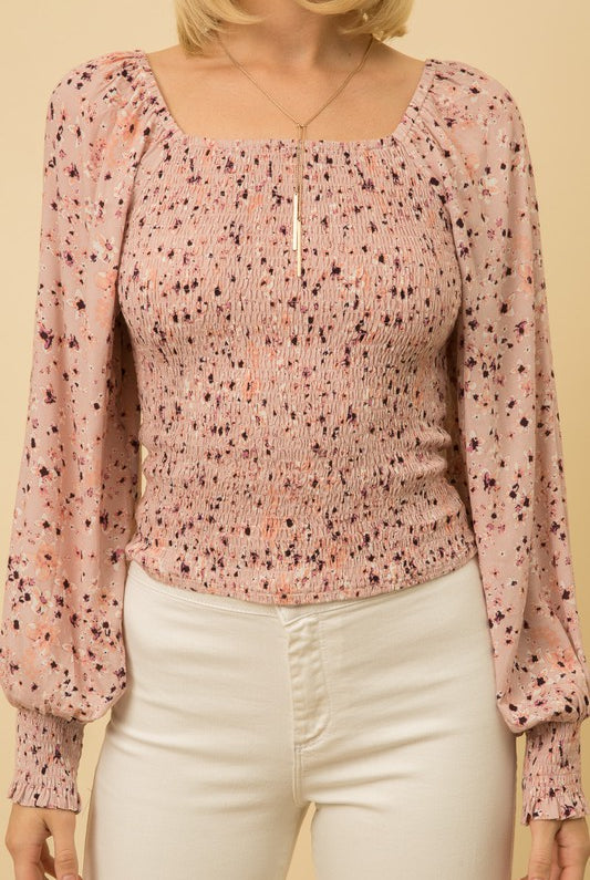 Mystree Mauve Smocked Balloon Sleeve Blouse-Tops-Mystree-Deja Nu Boutique, Women's Fashion Boutique in Lampasas, Texas