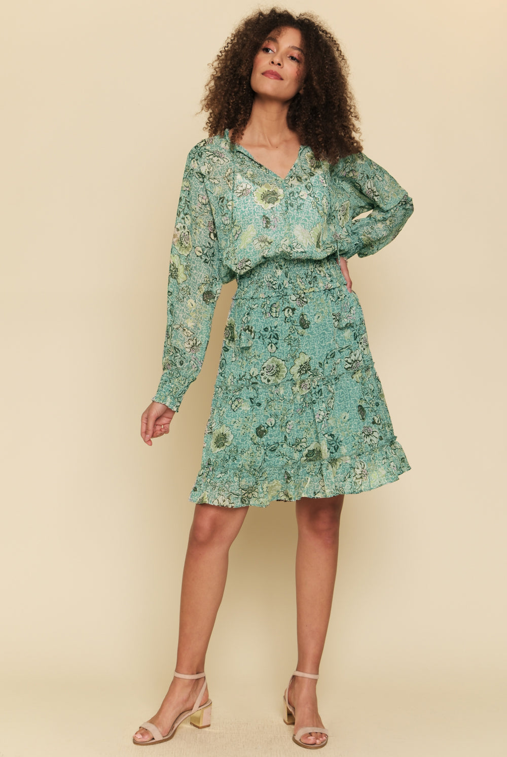 Mystree Smocked Bottom Peasant Chiffon Blouse In Green Mix-Short Sleeves-Mystree-Deja Nu Boutique, Women's Fashion Boutique in Lampasas, Texas