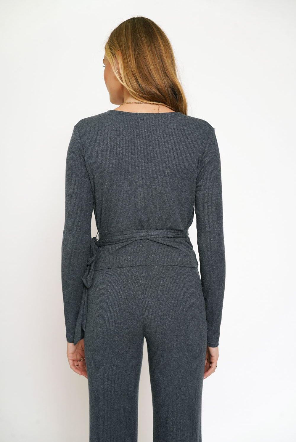 Mystree Wrap Tie Front Long Sleeve Rib Top In Deep Blue-Tops-Mystree-Deja Nu Boutique, Women's Fashion Boutique in Lampasas, Texas