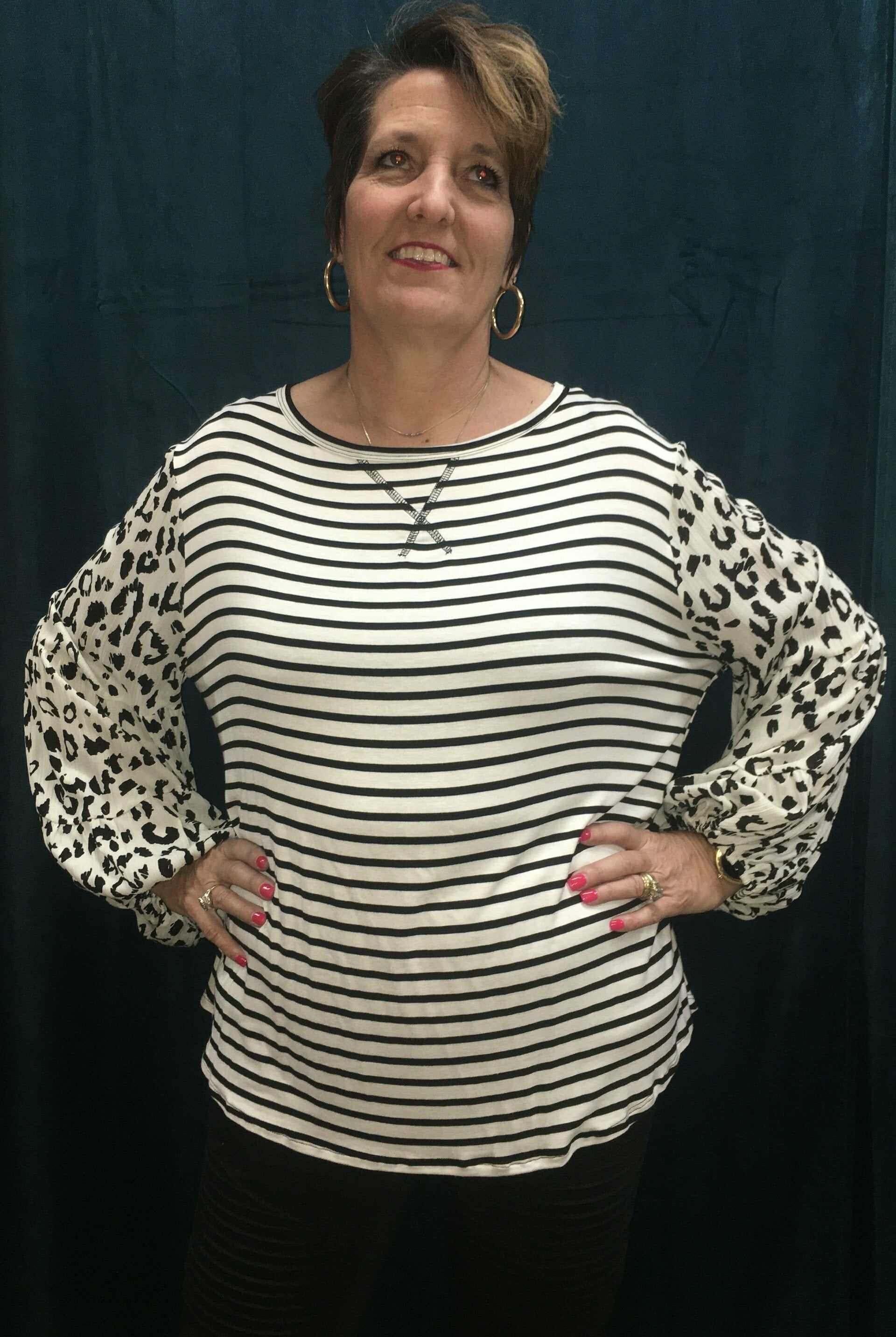 Oddi Animal Print Balloon Sleeve Plus Top With Stripe Bodice-Curvy/Plus Tops-Oddi-Deja Nu Boutique, Women's Fashion Boutique in Lampasas, Texas
