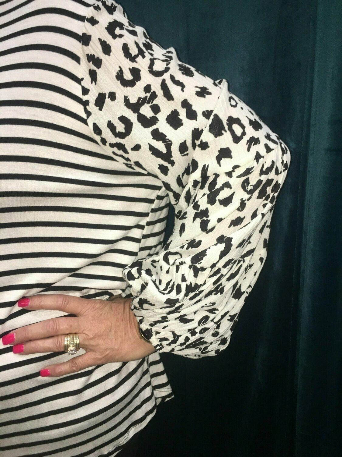 Oddi Animal Print Balloon Sleeve Plus Top With Stripe Bodice-Curvy/Plus Tops-Oddi-Deja Nu Boutique, Women's Fashion Boutique in Lampasas, Texas