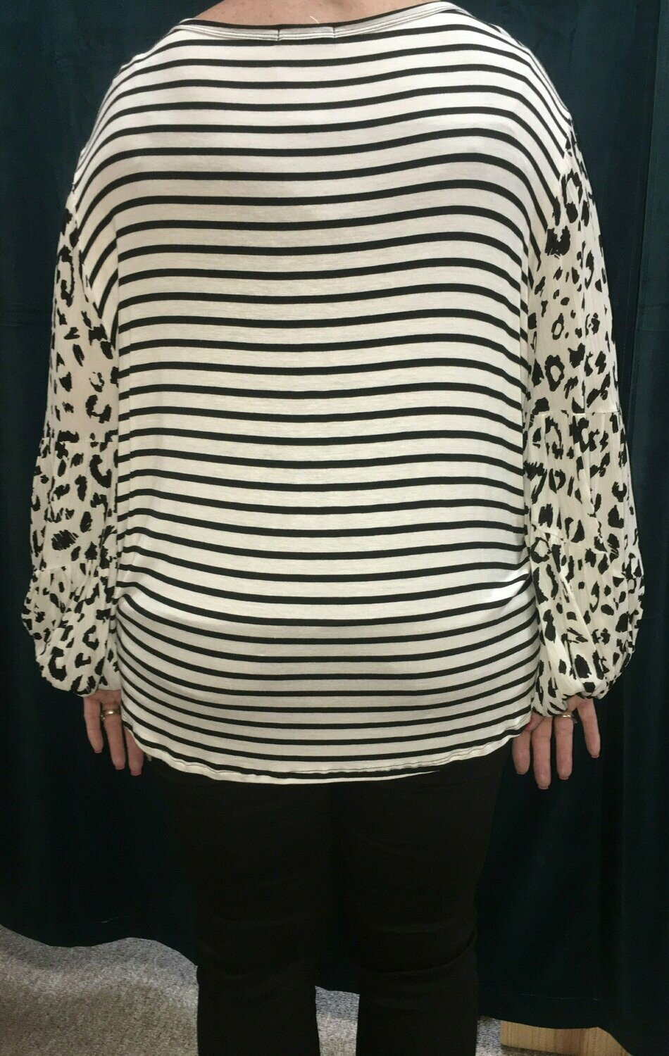 Oddi Animal Print Balloon Sleeve Plus Top With Stripe Bodice-Curvy/Plus Tops-Oddi-Deja Nu Boutique, Women's Fashion Boutique in Lampasas, Texas