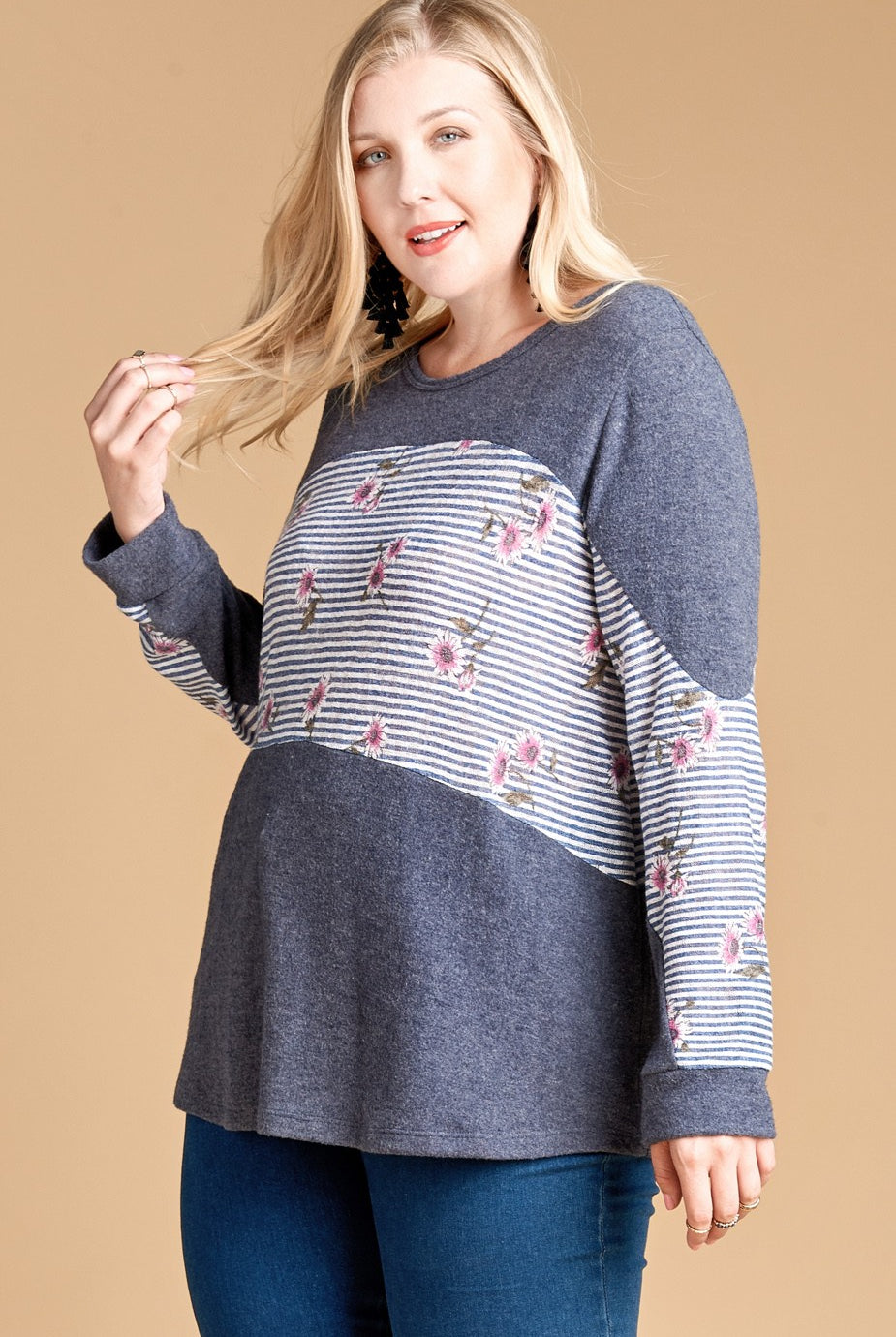 Oddi Denim Blue Stripe And Floral Plus Tunic Top-Curvy/Plus Tops-Oddi-Deja Nu Boutique, Women's Fashion Boutique in Lampasas, Texas