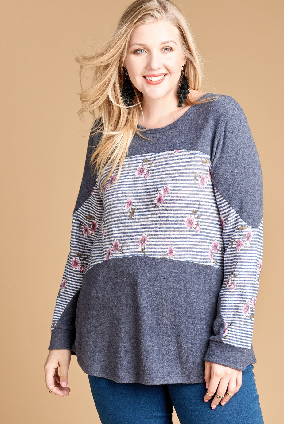 Oddi Denim Blue Stripe And Floral Plus Tunic Top-Curvy/Plus Tops-Oddi-Deja Nu Boutique, Women's Fashion Boutique in Lampasas, Texas