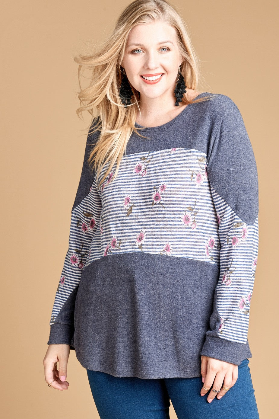 Oddi Denim Blue Stripe And Floral Plus Tunic Top-Curvy/Plus Tops-Oddi-Deja Nu Boutique, Women's Fashion Boutique in Lampasas, Texas