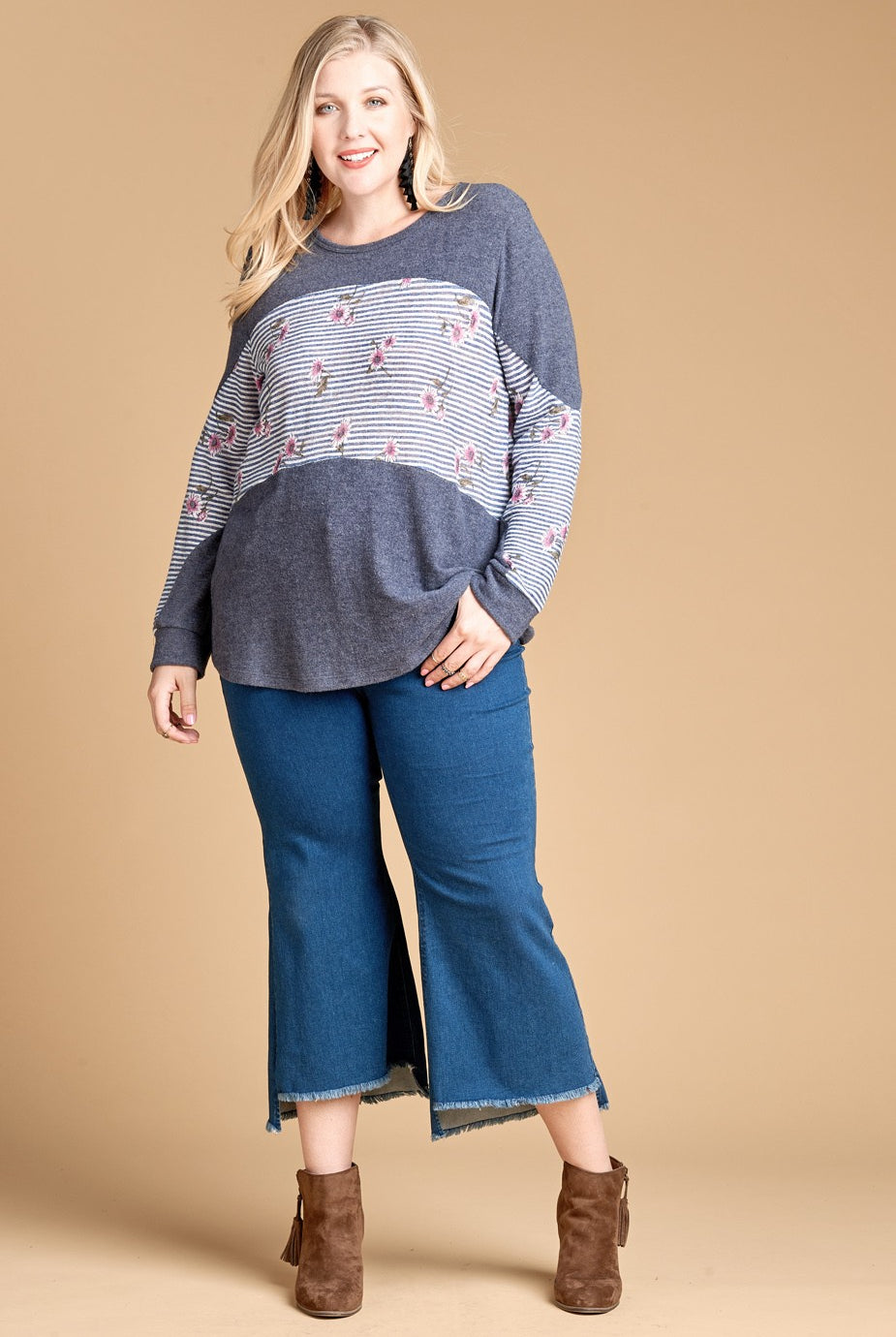 Oddi Denim Blue Stripe And Floral Plus Tunic Top-Curvy/Plus Tops-Oddi-Deja Nu Boutique, Women's Fashion Boutique in Lampasas, Texas