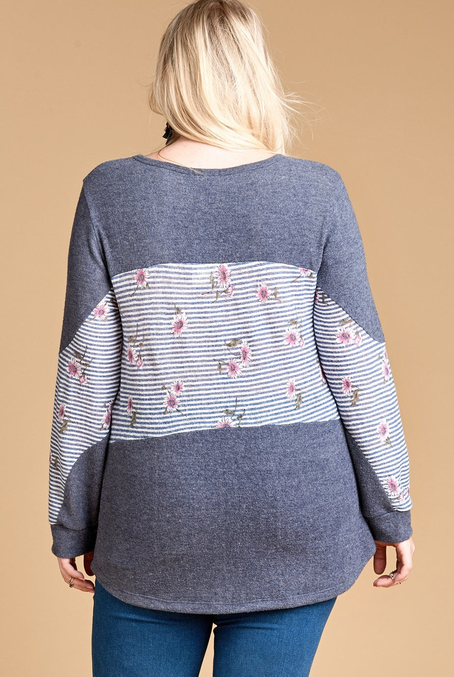 Oddi Denim Blue Stripe And Floral Plus Tunic Top-Curvy/Plus Tops-Oddi-Deja Nu Boutique, Women's Fashion Boutique in Lampasas, Texas