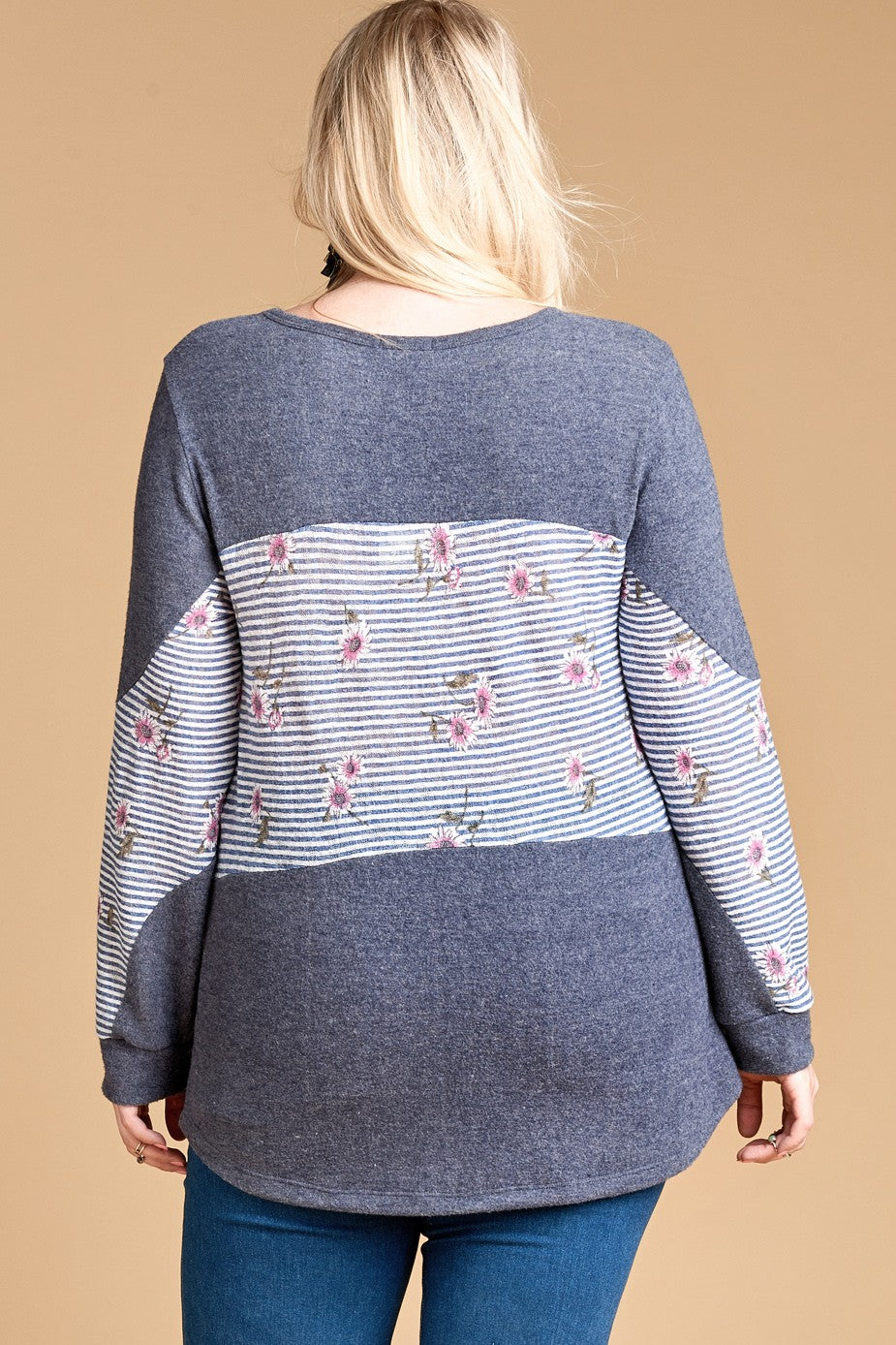 Oddi Denim Blue Stripe And Floral Plus Tunic Top-Curvy/Plus Tops-Oddi-Deja Nu Boutique, Women's Fashion Boutique in Lampasas, Texas