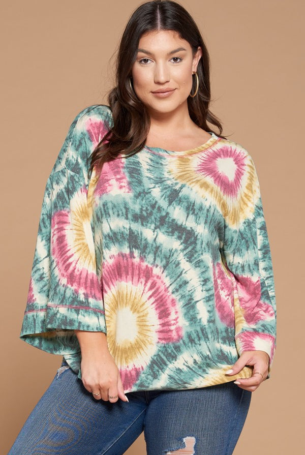 Oddi Pink And Green Swirl Tie Dye Plus Top-Curvy/Plus Tops-Oddi-Deja Nu Boutique, Women's Fashion Boutique in Lampasas, Texas