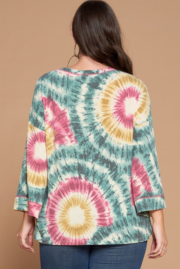 Oddi Pink And Green Swirl Tie Dye Plus Top-Curvy/Plus Tops-Oddi-Deja Nu Boutique, Women's Fashion Boutique in Lampasas, Texas