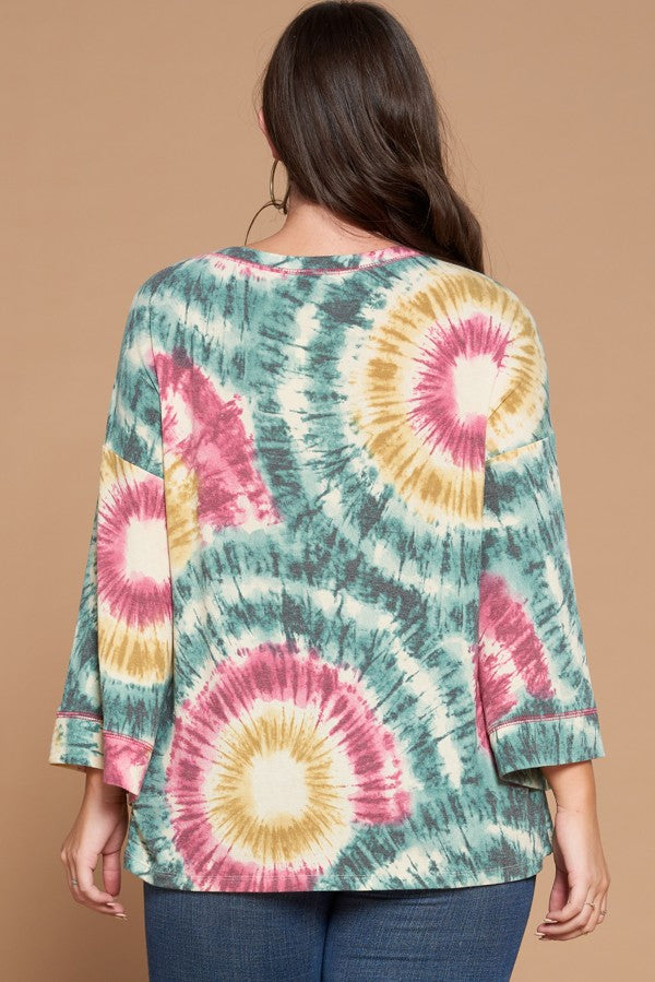 Oddi Pink And Green Swirl Tie Dye Plus Top-Curvy/Plus Tops-Oddi-Deja Nu Boutique, Women's Fashion Boutique in Lampasas, Texas