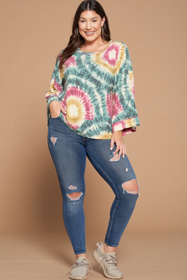 Oddi Pink And Green Swirl Tie Dye Plus Top-Curvy/Plus Tops-Oddi-Deja Nu Boutique, Women's Fashion Boutique in Lampasas, Texas