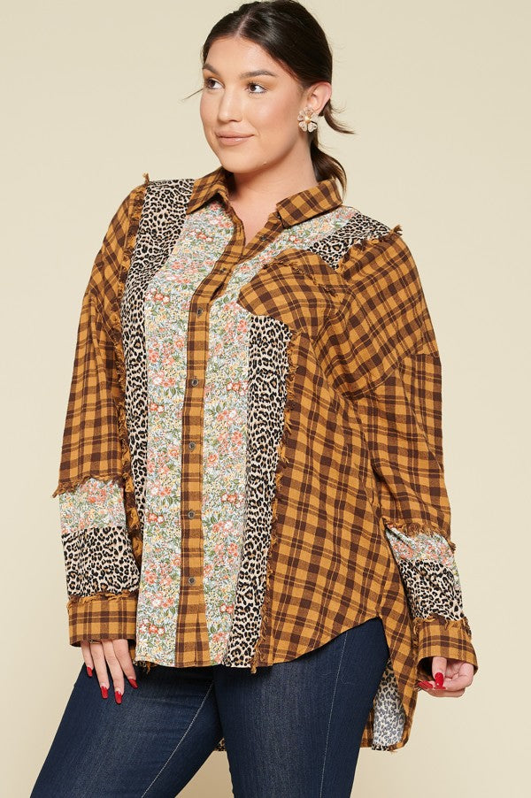 Oddi Plaid Oversized Floral And Animal Print Plus Shirt-Curvy/Plus Tops-Oddi-Deja Nu Boutique, Women's Fashion Boutique in Lampasas, Texas