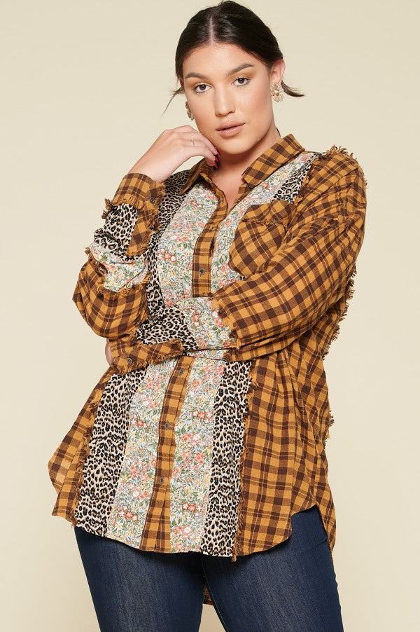 Oddi Plaid Oversized Floral And Animal Print Plus Shirt-Curvy/Plus Tops-Oddi-Deja Nu Boutique, Women's Fashion Boutique in Lampasas, Texas
