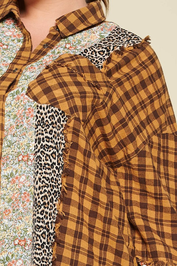 Oddi Plaid Oversized Floral And Animal Print Plus Shirt-Curvy/Plus Tops-Oddi-Deja Nu Boutique, Women's Fashion Boutique in Lampasas, Texas