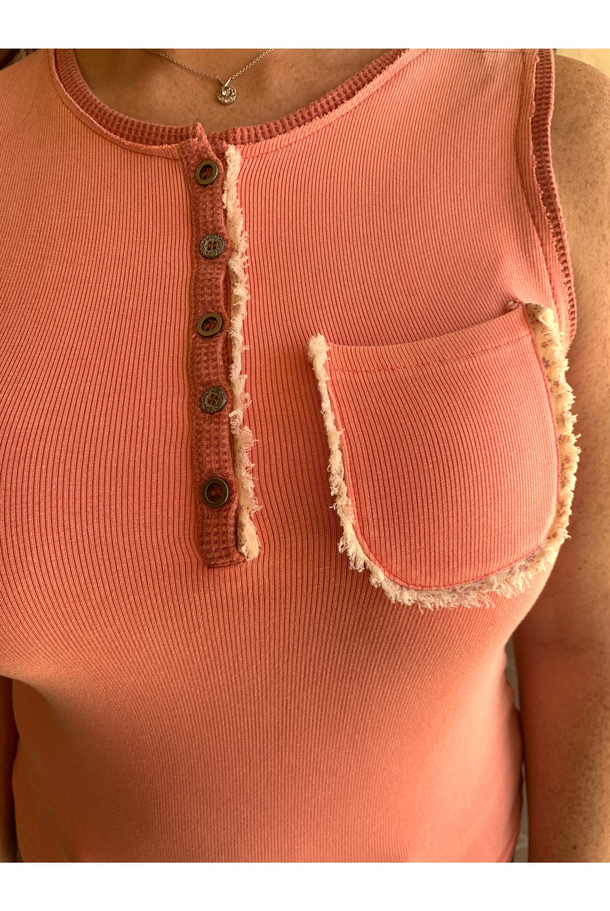 POL Watermelon Pink Button Front Tank With Lace Detail-Short Sleeves-POL-Deja Nu Boutique, Women's Fashion Boutique in Lampasas, Texas