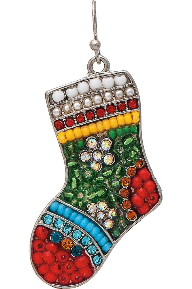 Rain Jewelry Silver Multi Color Seed Bead Hand Beaded Mosaic Christmas Stocking Earring-Earrings-Rain Jewelry Collection-Deja Nu Boutique, Women's Fashion Boutique in Lampasas, Texas