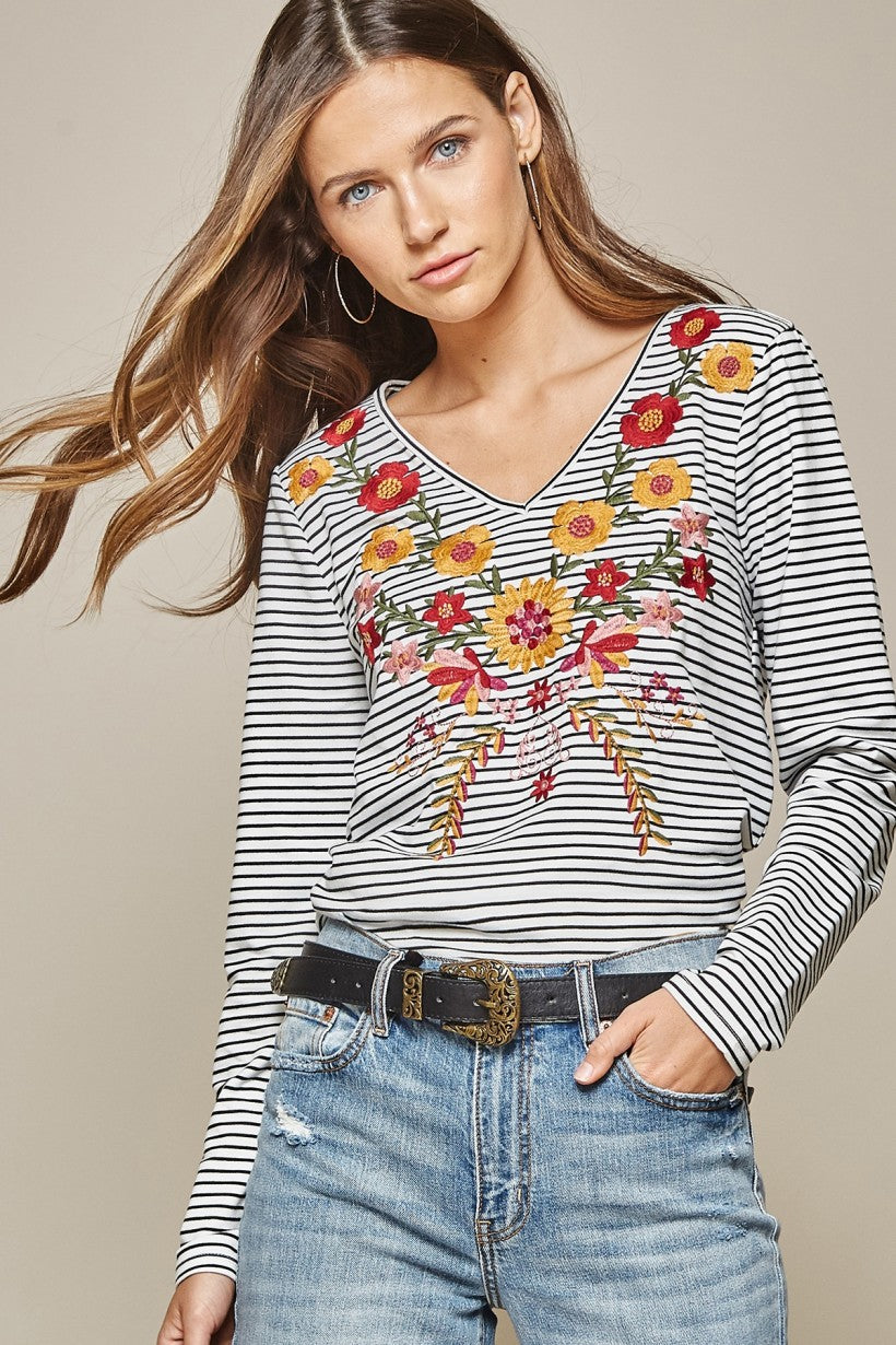 Savanna Jane Embroidery Long Sleeve Top-Tunics-Savanna Jane-Deja Nu Boutique, Women's Fashion Boutique in Lampasas, Texas