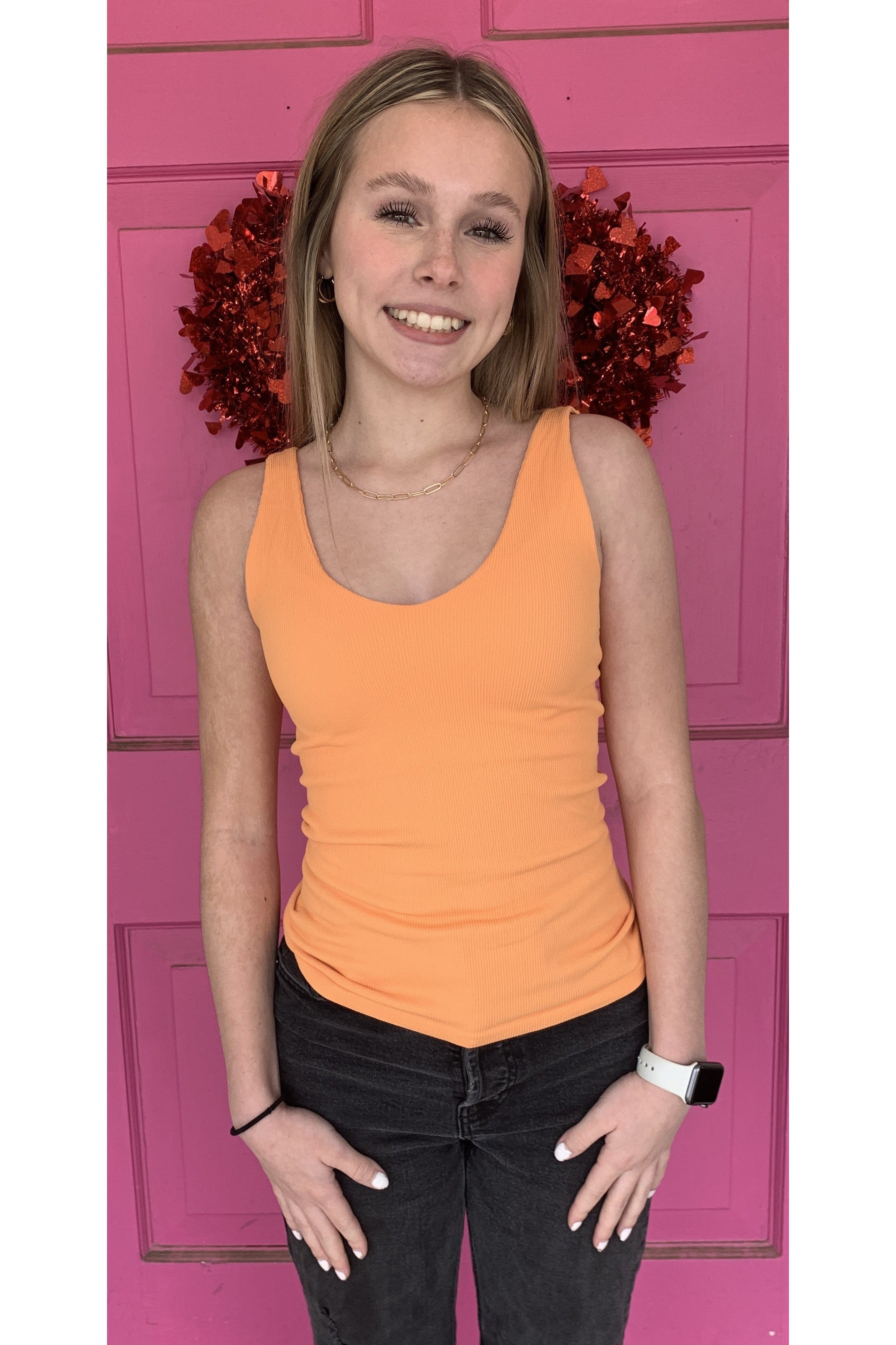 Scala Seamless Double V Neck Tank With Built In Bra In Papaya-Camis/Tanks-Scala Seamless-Deja Nu Boutique, Women's Fashion Boutique in Lampasas, Texas