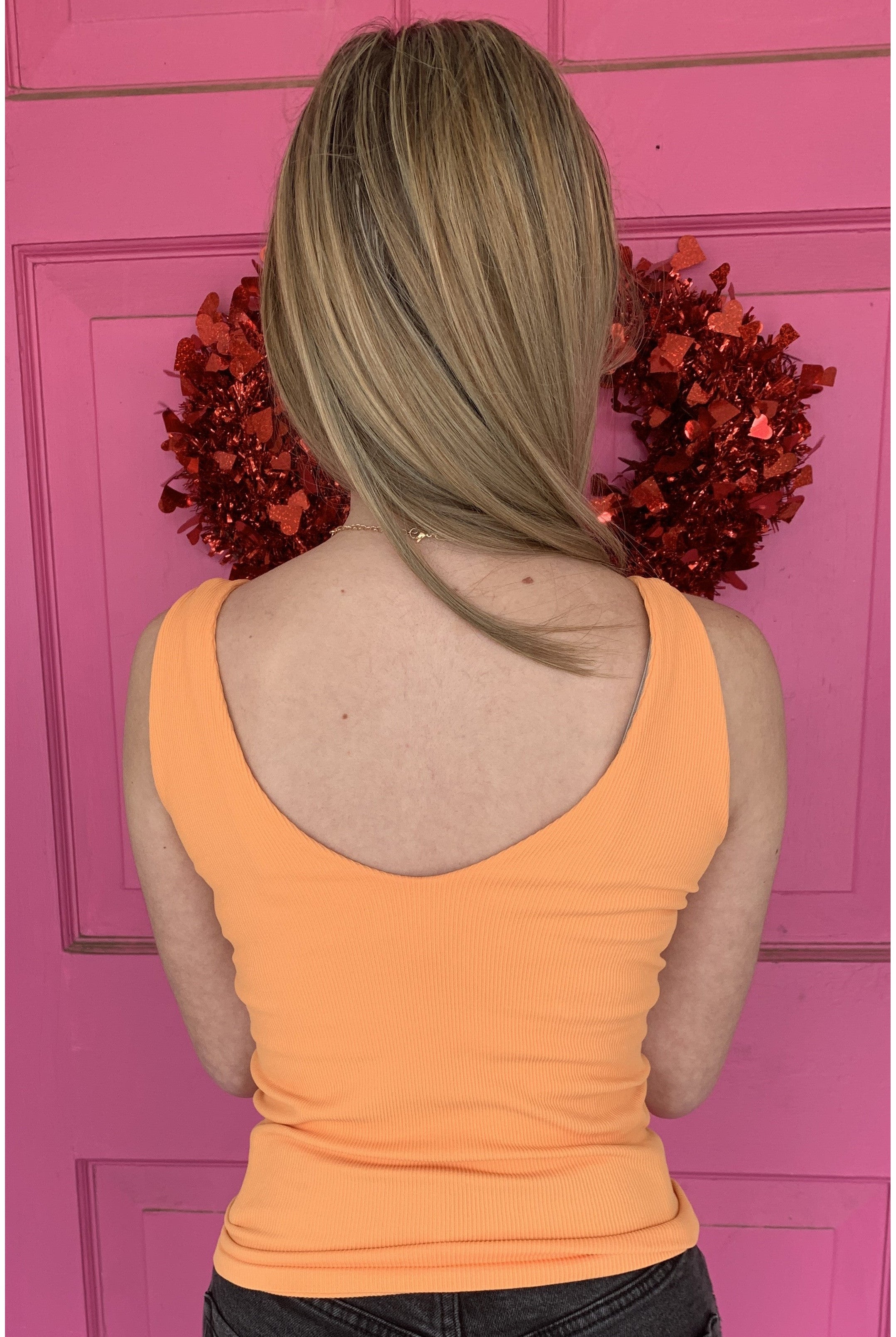 Scala Seamless Double V Neck Tank With Built In Bra In Papaya-Camis/Tanks-Scala Seamless-Deja Nu Boutique, Women's Fashion Boutique in Lampasas, Texas