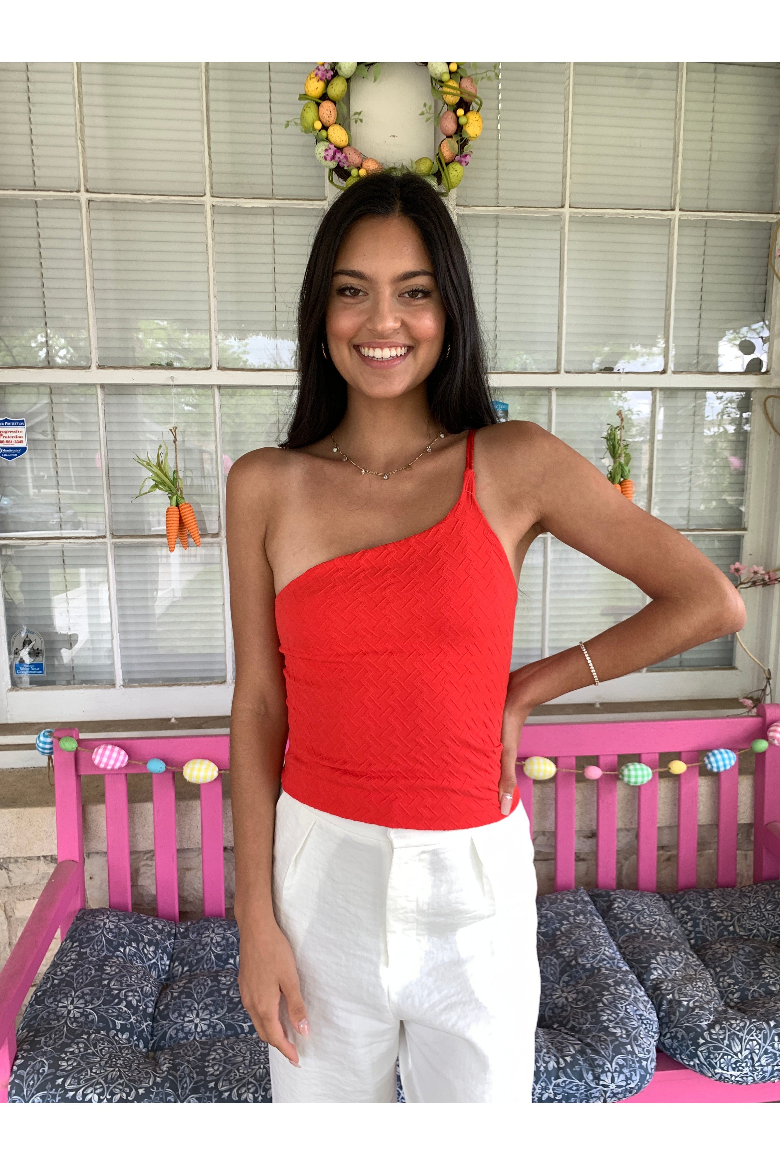 Scala Seamless Red One Shoulder Double Strap Cami With Built In Bra-Camis/Tanks-Scala Seamless-Deja Nu Boutique, Women's Fashion Boutique in Lampasas, Texas