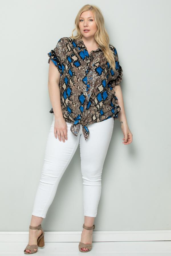 See And Be Seen Blue Snakeskin Button Down Tie Front Plus Blouse-Curvy/Plus Tops-See And Be Seen-Deja Nu Boutique, Women's Fashion Boutique in Lampasas, Texas